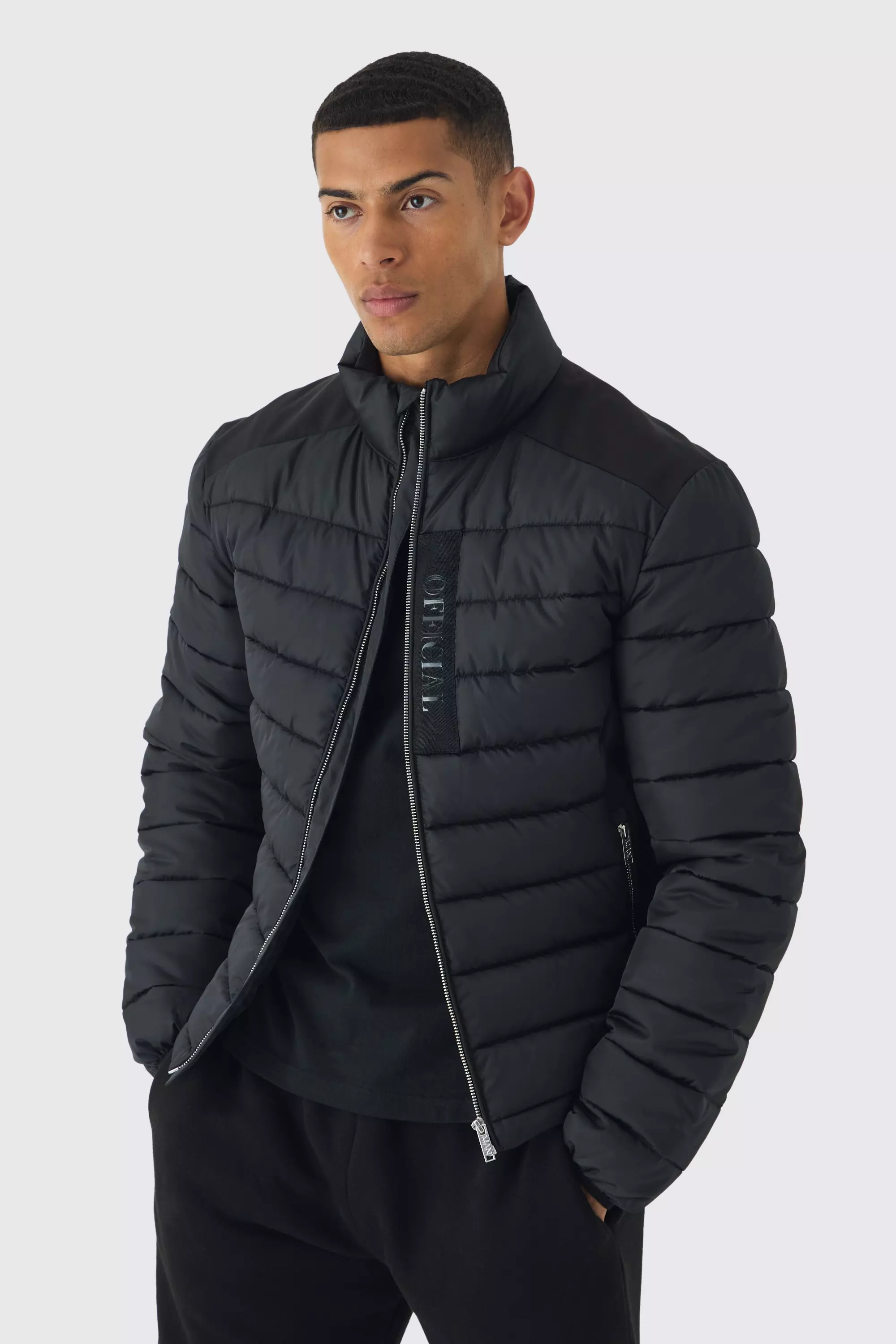 Official Funnel Neck Panel Puffer Jacket In Black boohooMAN USA