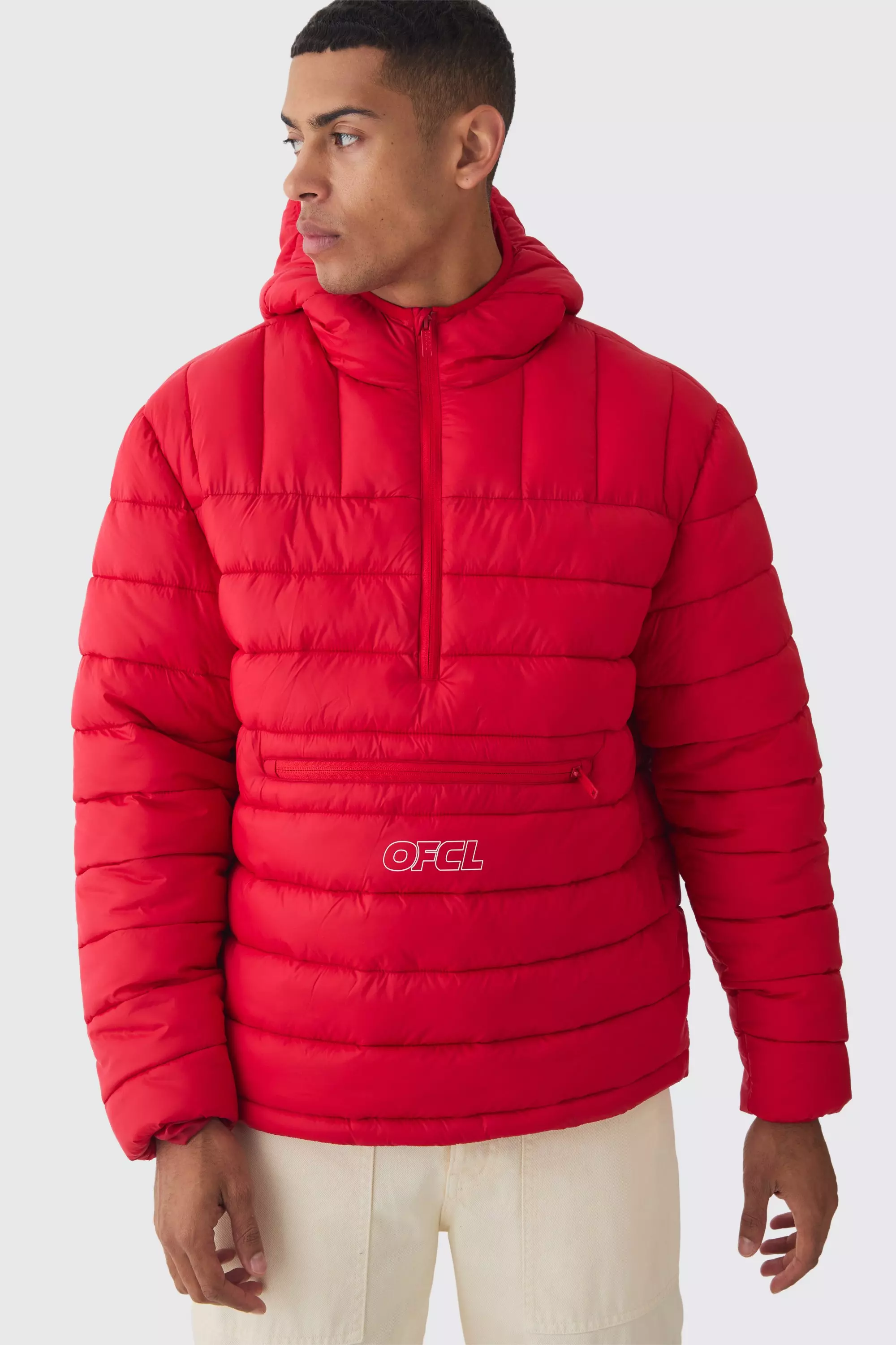 OFCL Half Zip Hooded Puffer Coat In Red Red