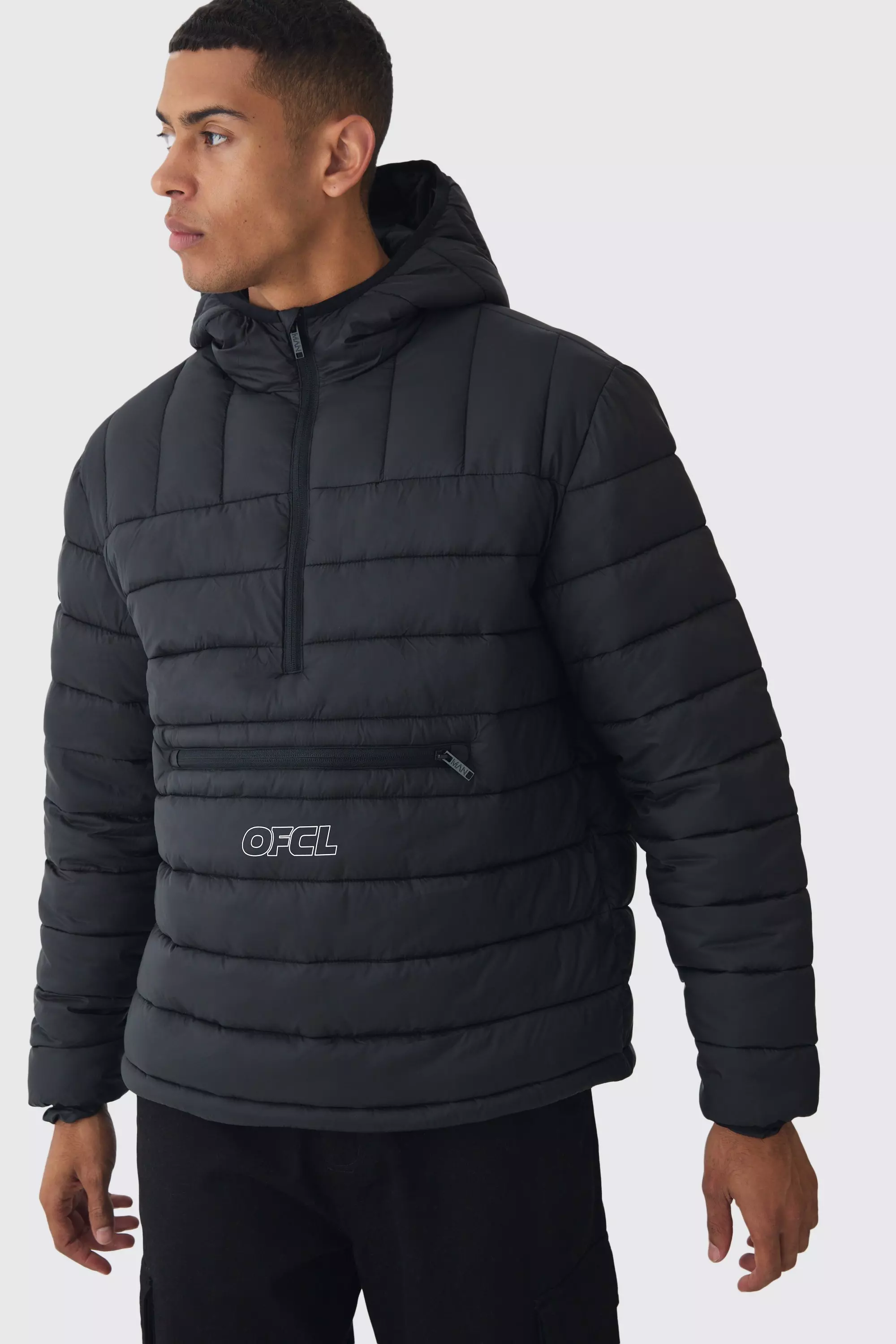 OFCL Half Zip Hooded Puffer Coat In Black Black