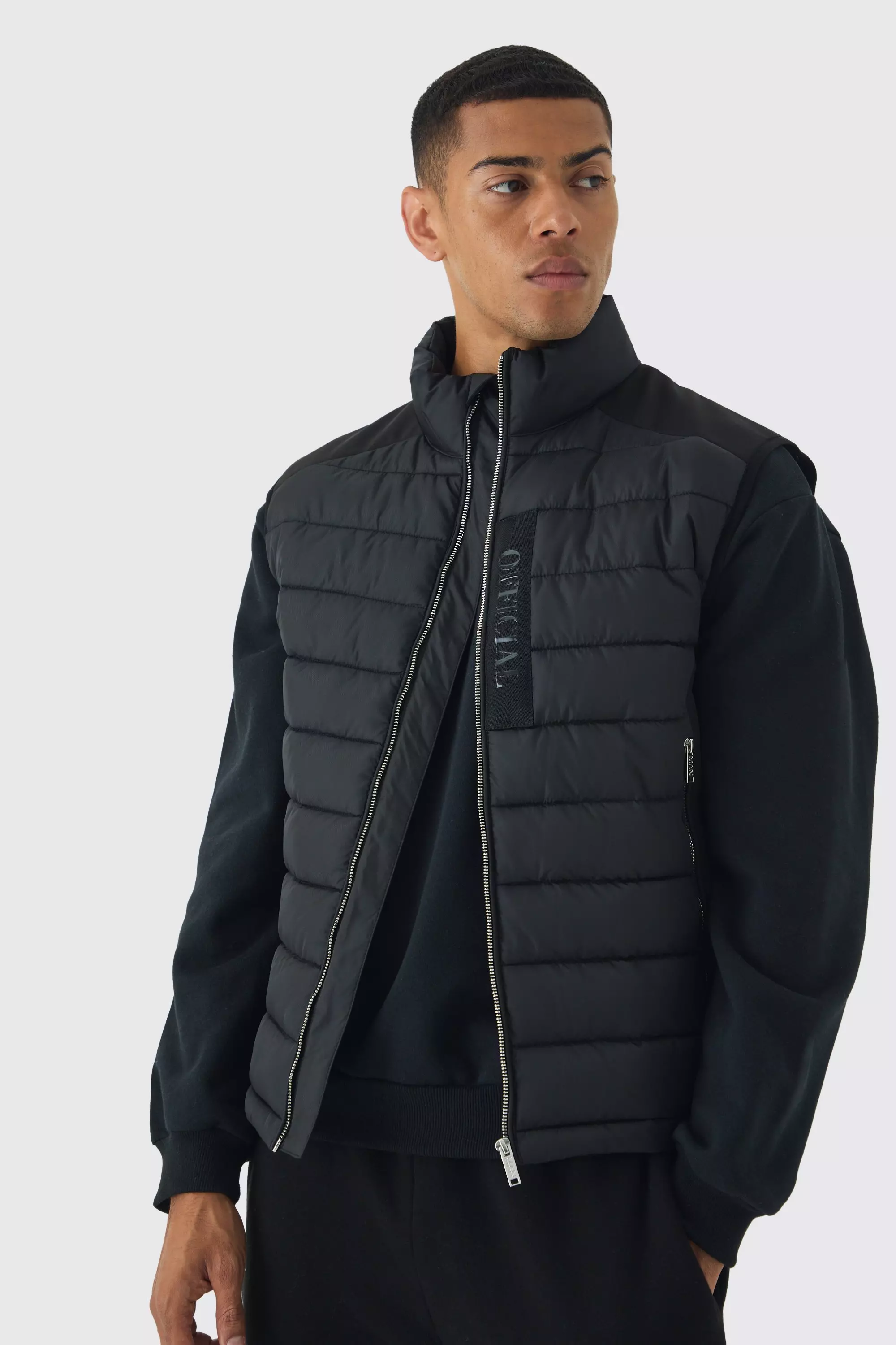 Black Official Funnel Neck Panel Puffer Vest In Black