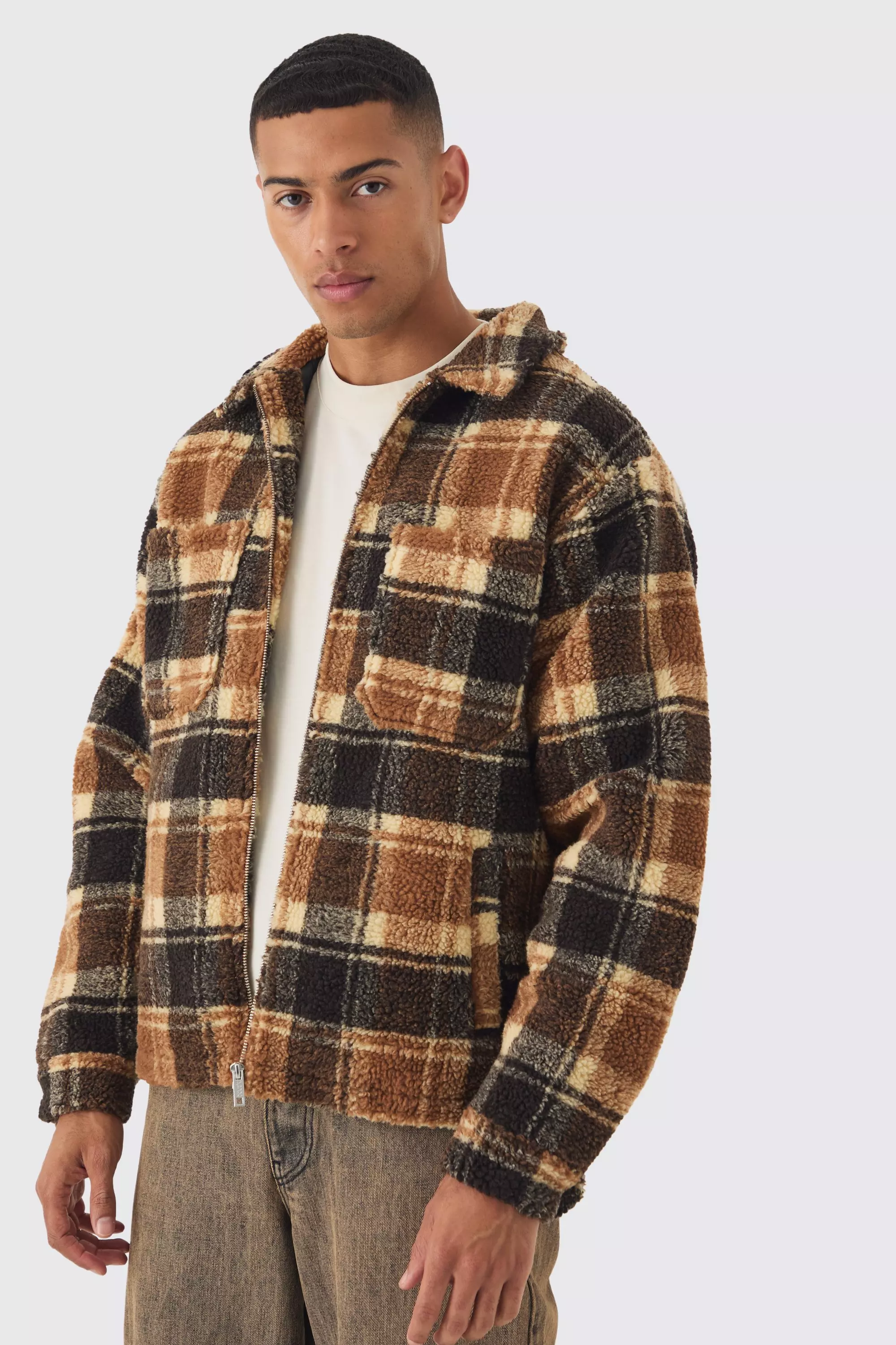 Borg Plaid Harrington Jacket In Brown Brown