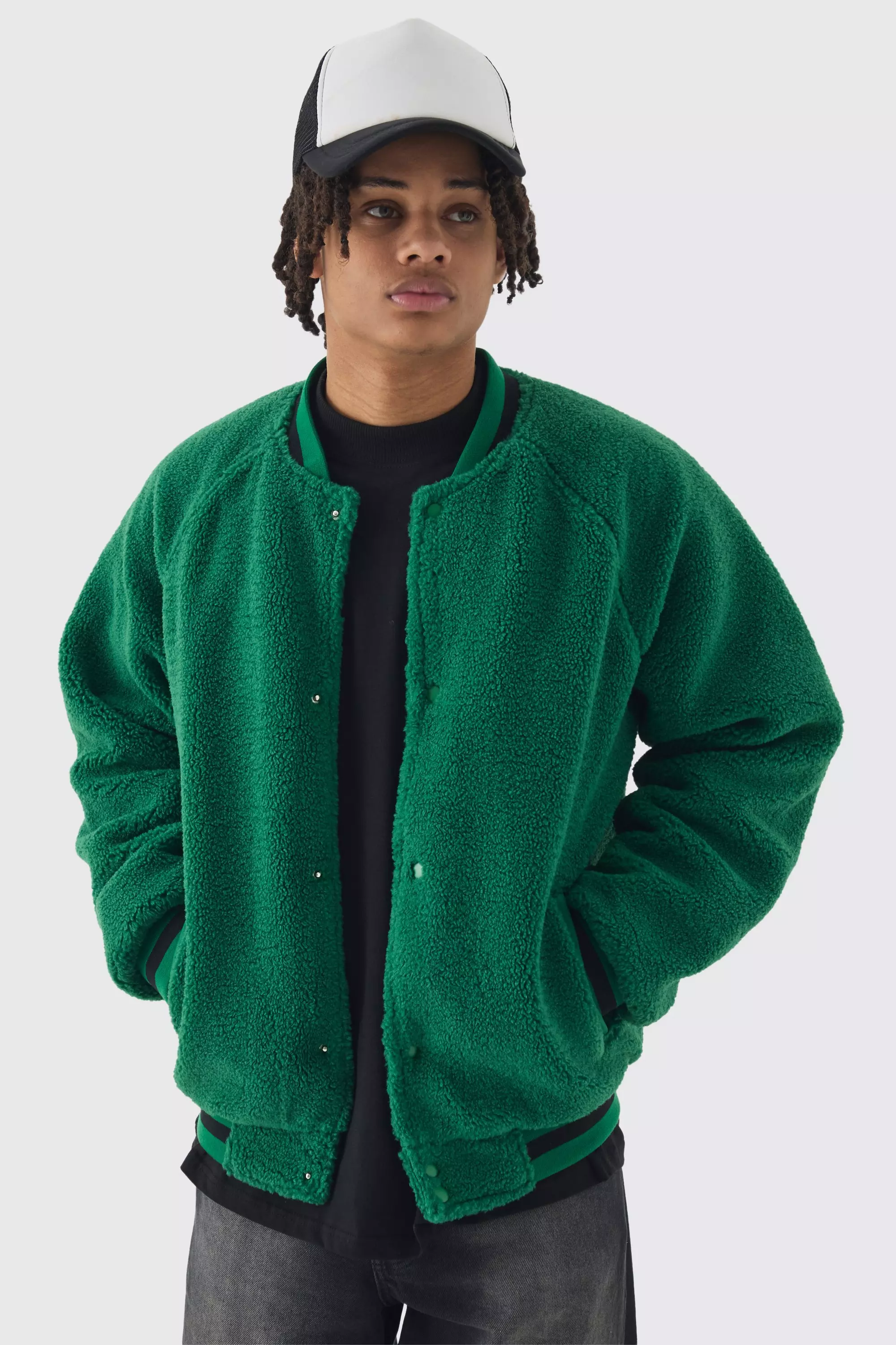 Borg Bomber Jacket In Green Green