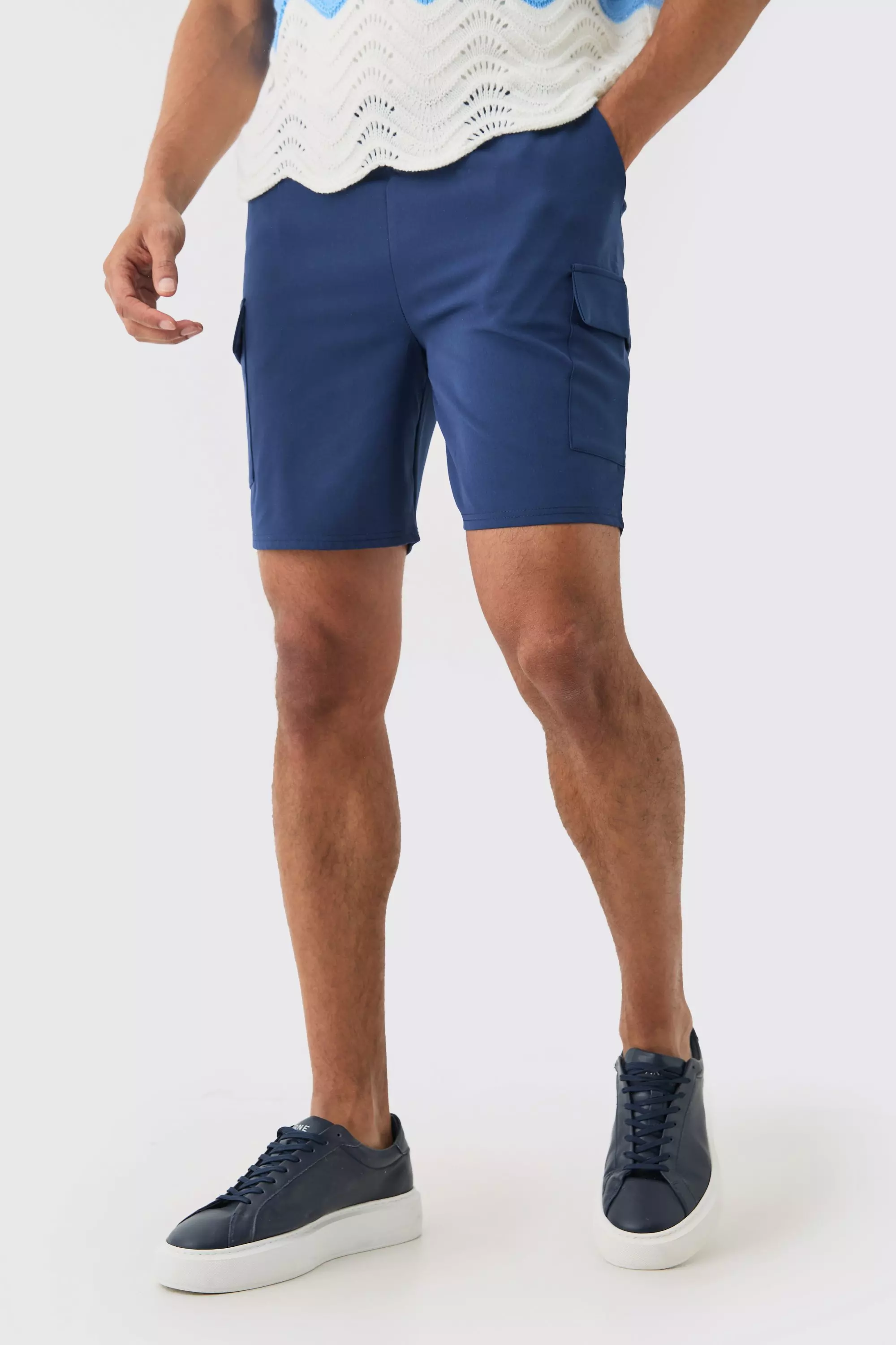 Navy Elasticated Waist Skinny Fit Cargo Shorts alternative image