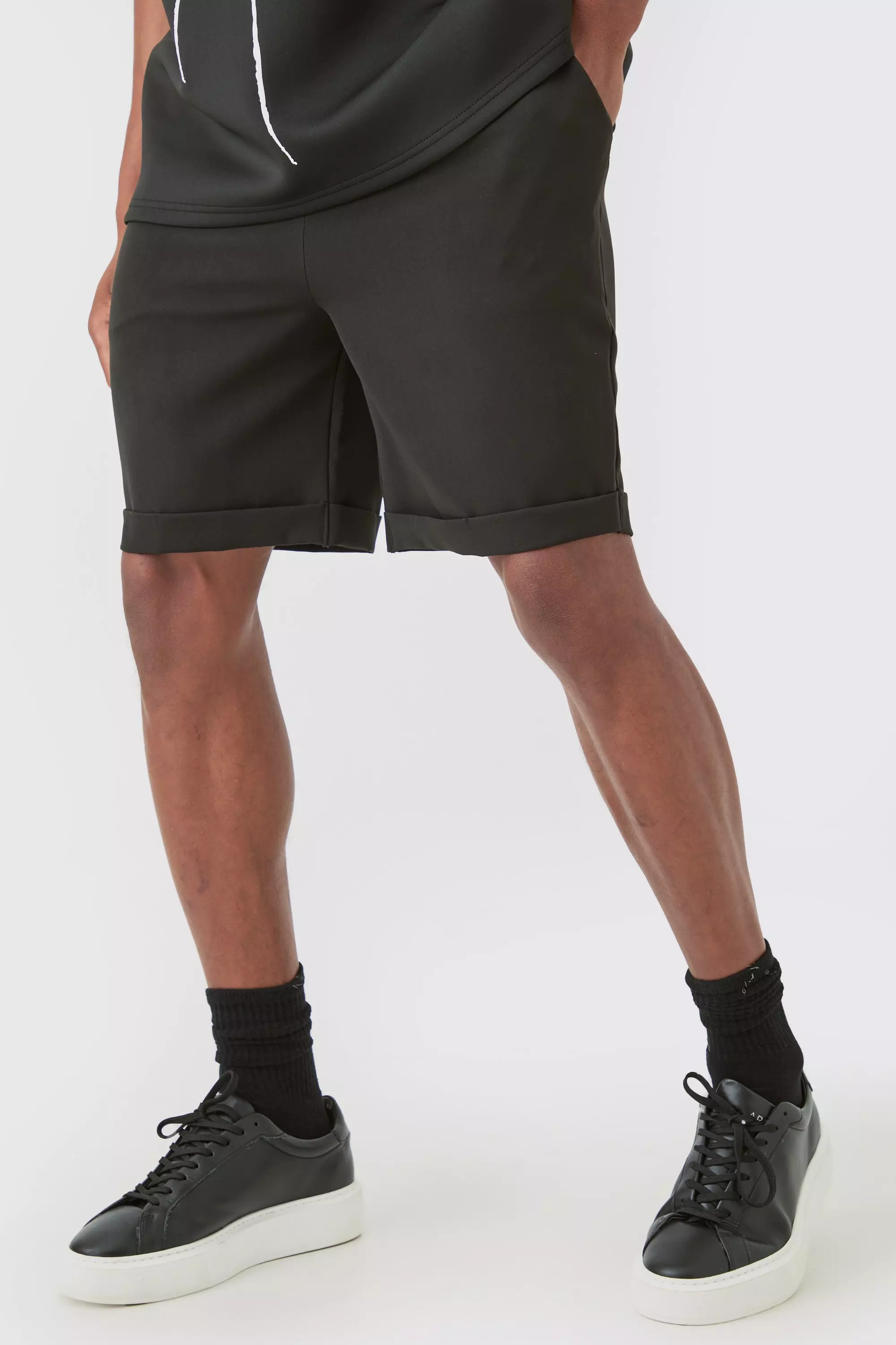 Elasticated Waist Turn Up Stretch Slim Fit Shorts Black
