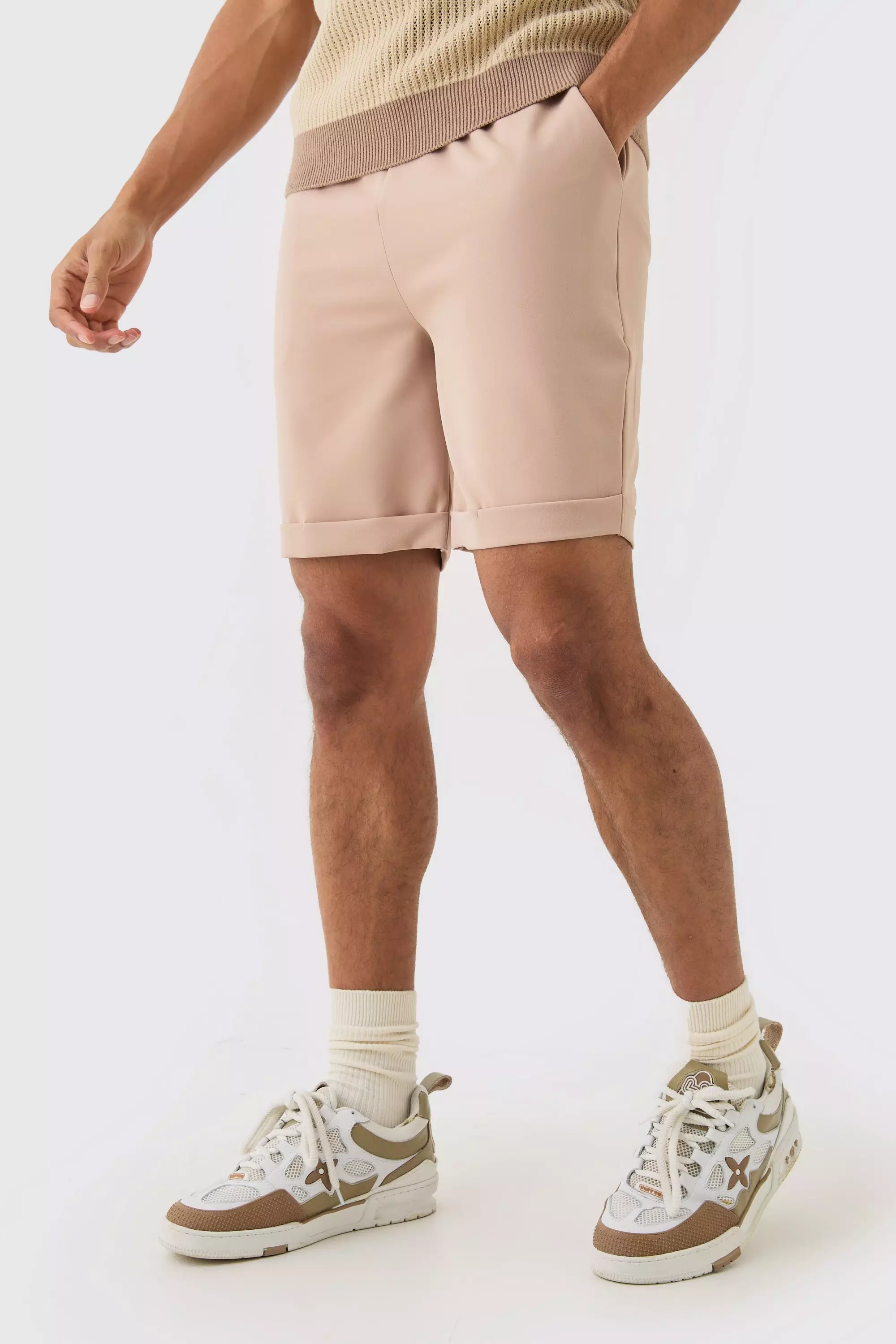 Elasticated Waist Turn Up Stretch Slim Fit Shorts Stone