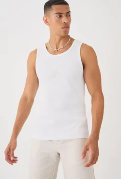 Man Slim Waffle Embroidered Vest White