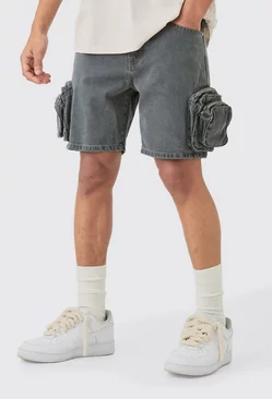 Grey Slim Fit 3d Cargo Pocket Denim Shorts In Light Grey