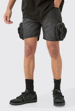Black Slim Fit 3d Cargo Pocket Denim Shorts In Washed Black