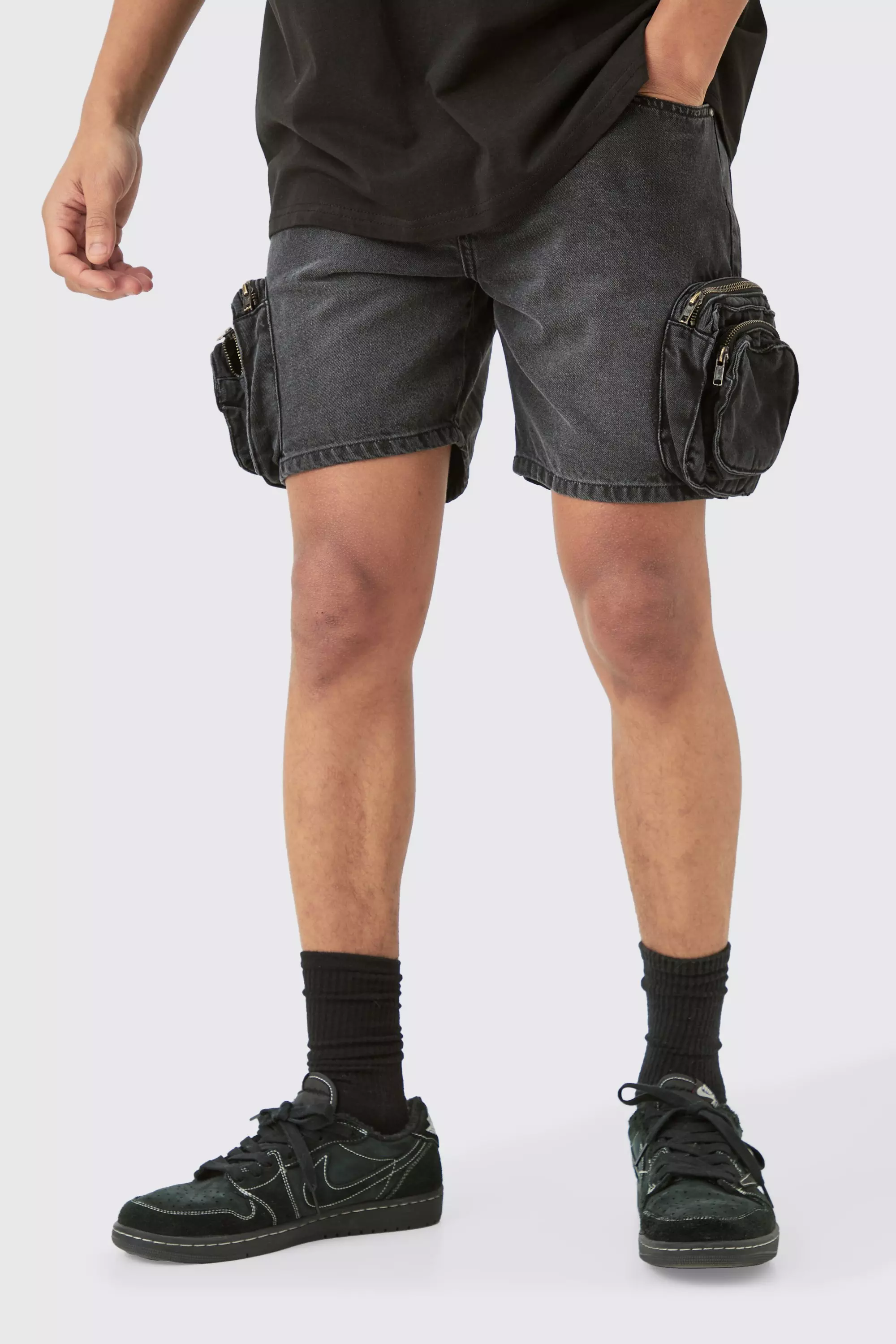 Black Slim Fit 3d Cargo Pocket Denim Shorts In Washed Black