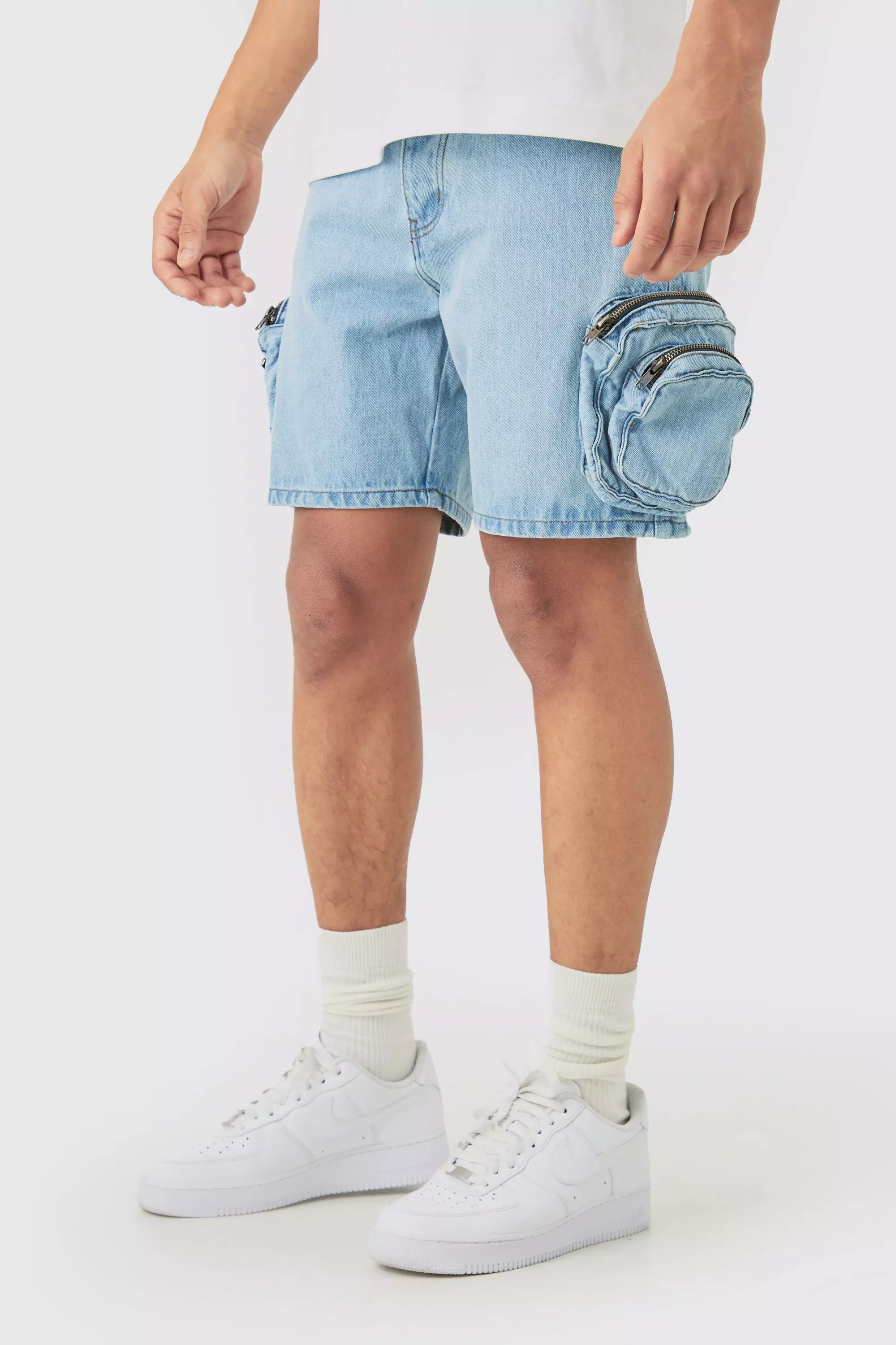 Brown Slim Fit 3d Cargo Pocket Denim Shorts In Light Blue