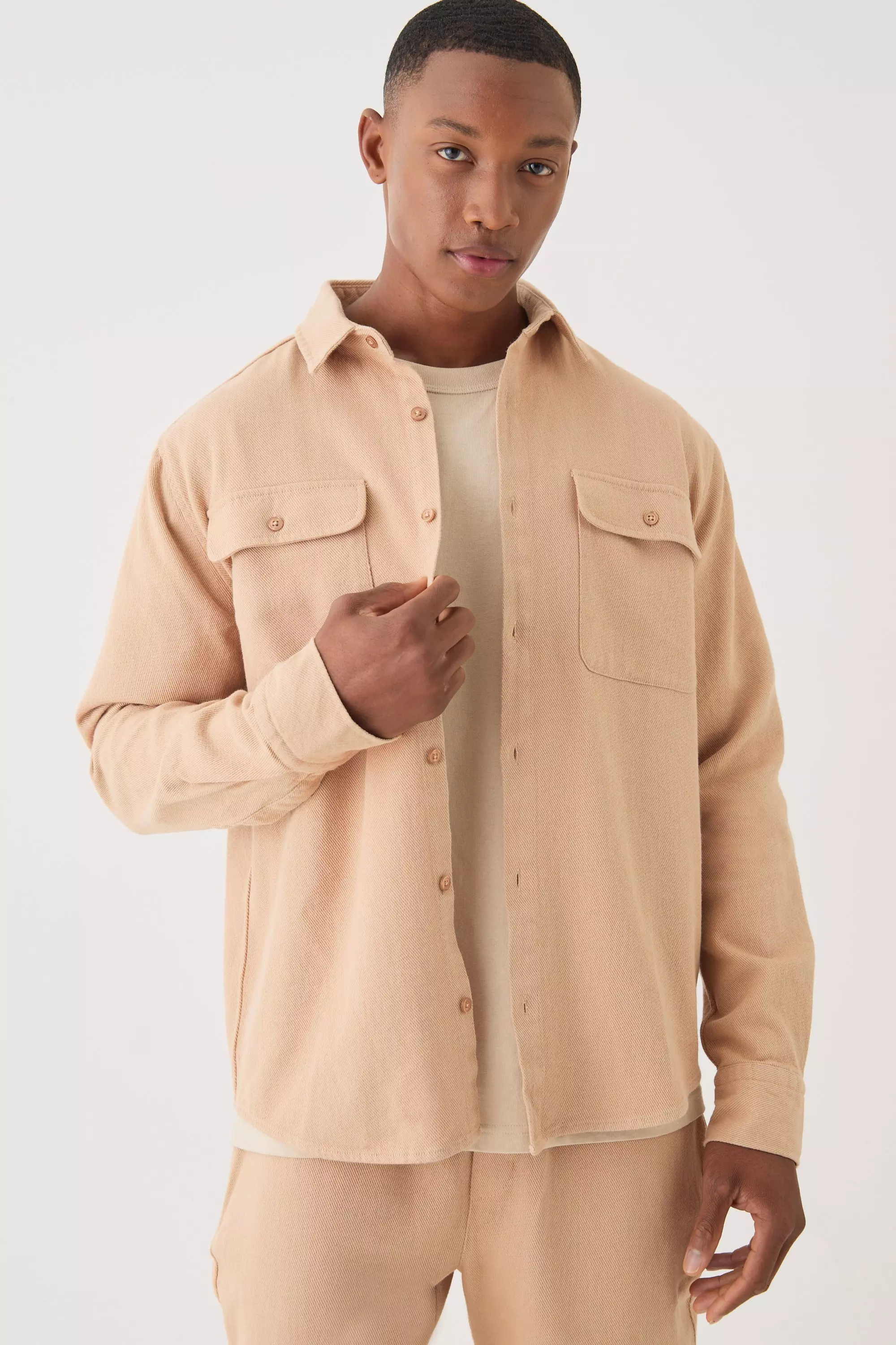 Textured Button Through Overshirt Stone