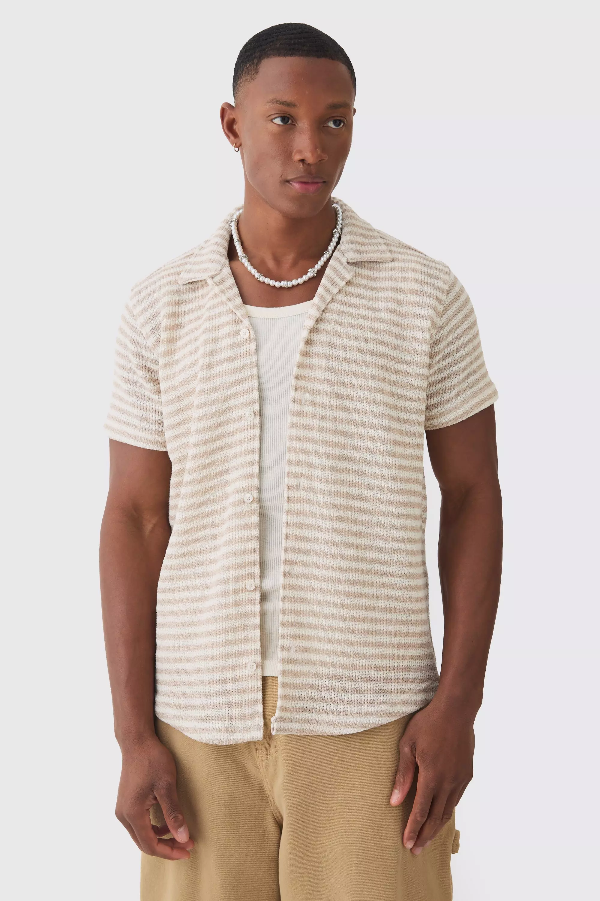 Taupe Tonal Stripe Open Stitch Resort Shirt alternative image