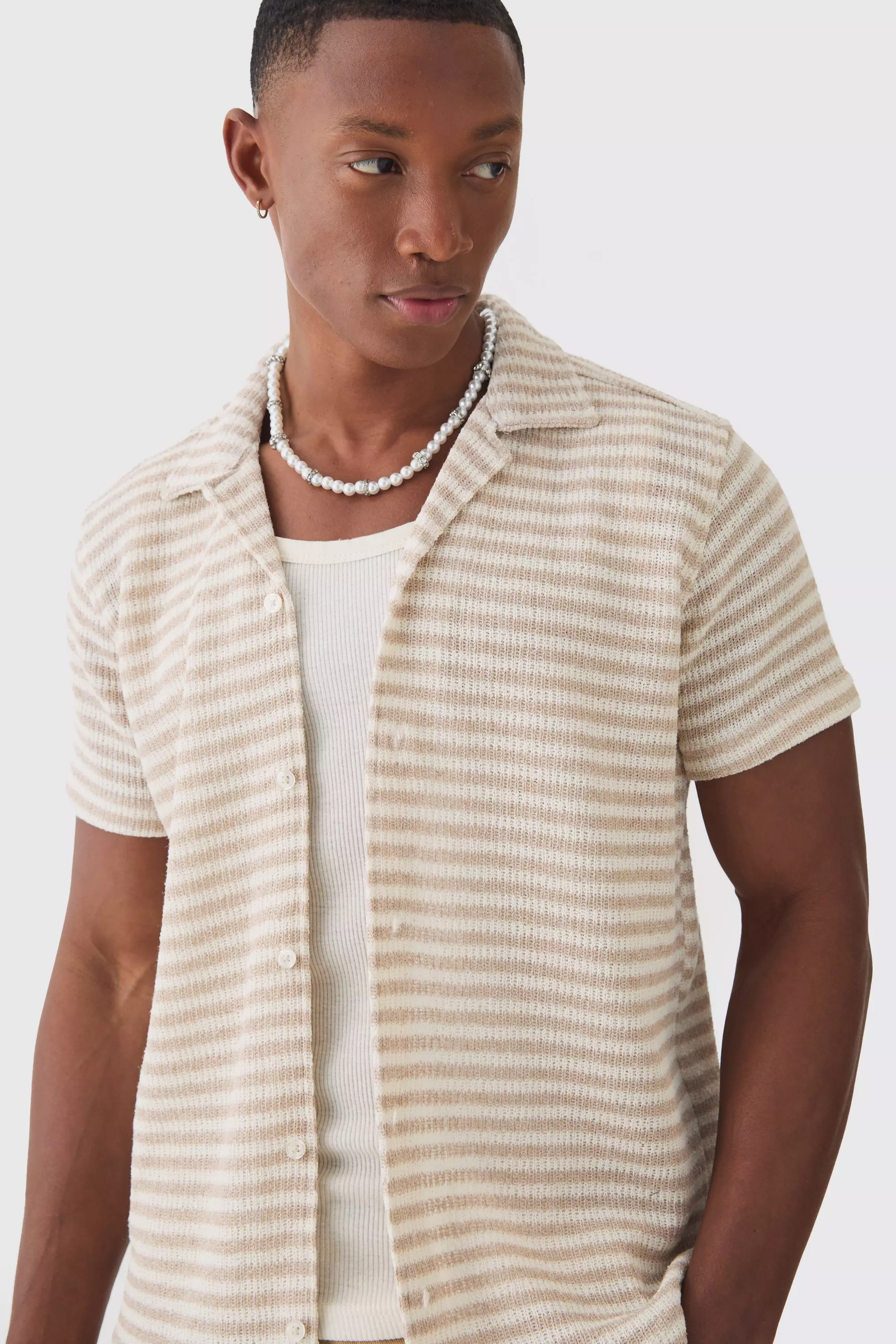 Taupe Tonal Stripe Open Stitch Resort Shirt alternative image