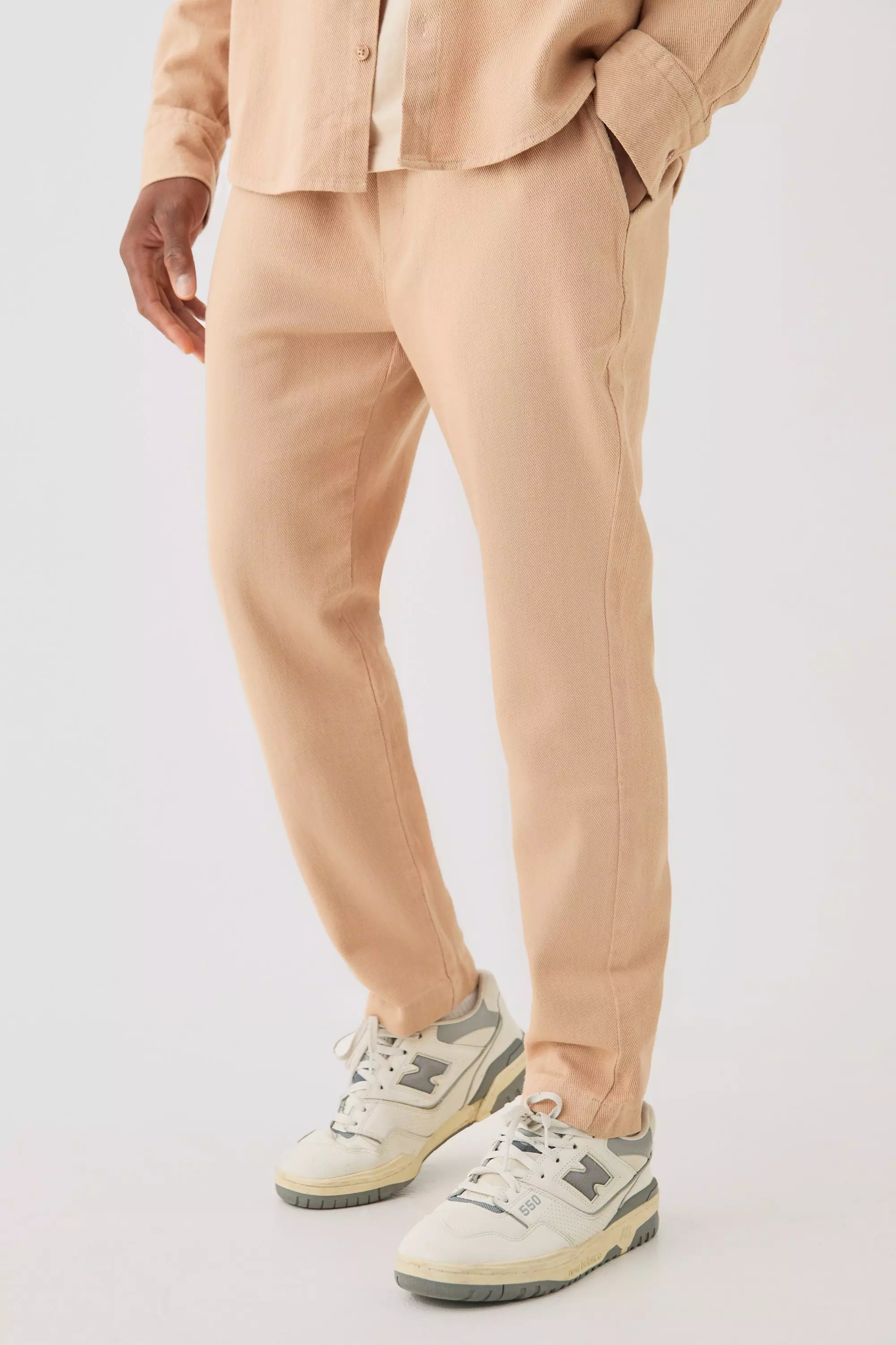 Stone Beige Textured Elasticated Waist Straight Fit Trousers