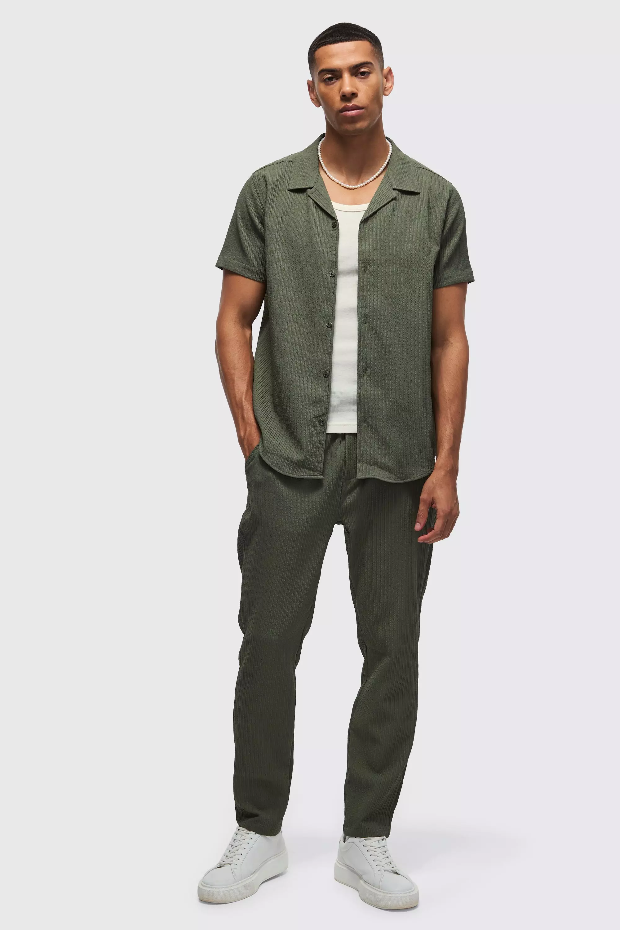 Seersucker Revere Collar Shirt & Pants Set Khaki