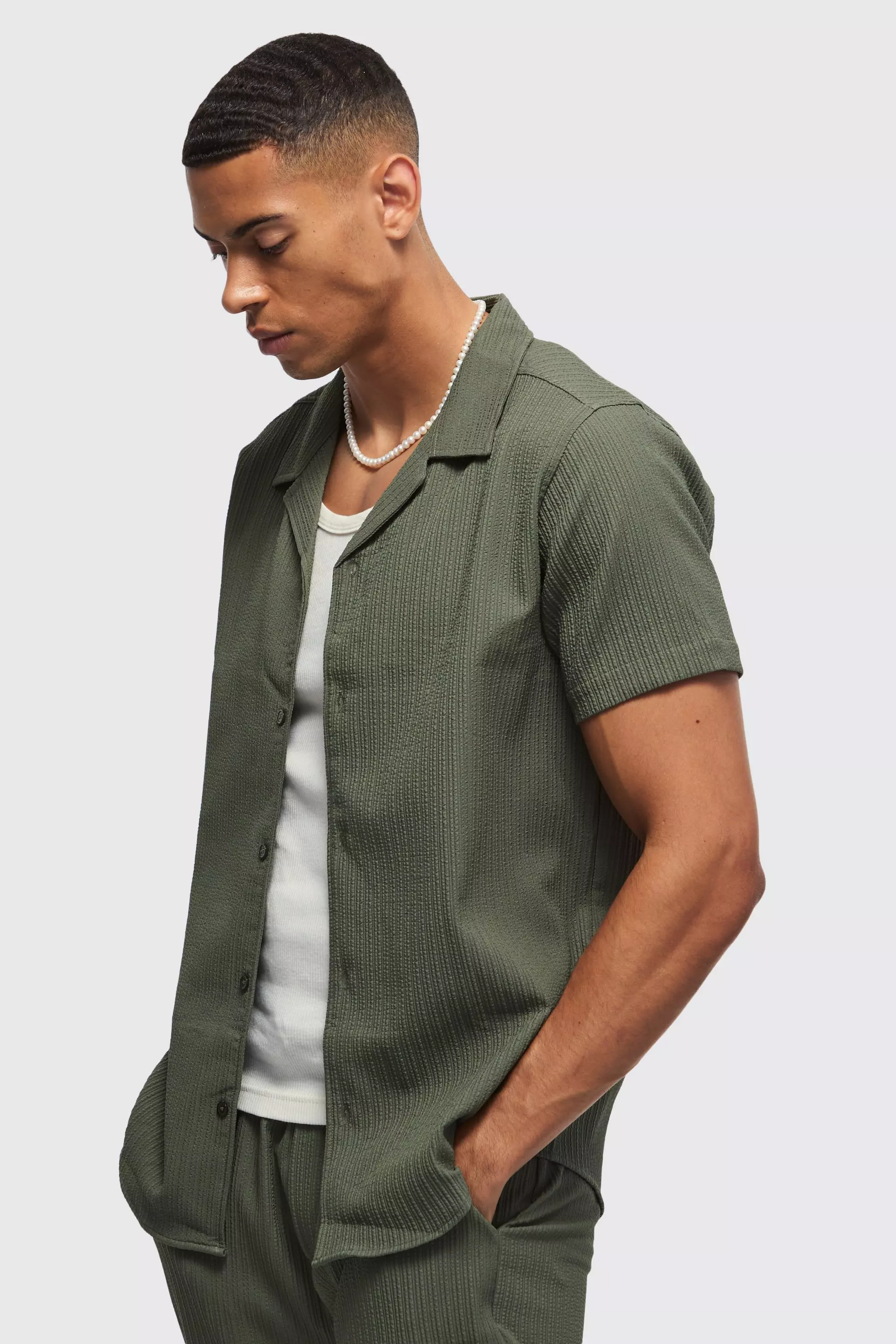 Khaki Seersucker Revere Collar Shirt & Trouser Set alternative image