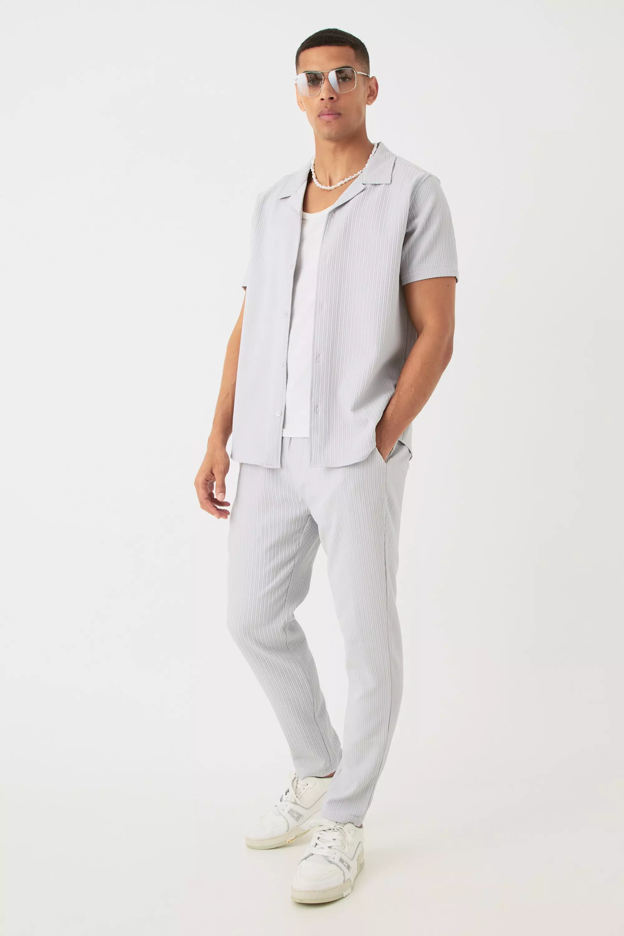 Seersucker Revere Collar Shirt & Pants Set Grey