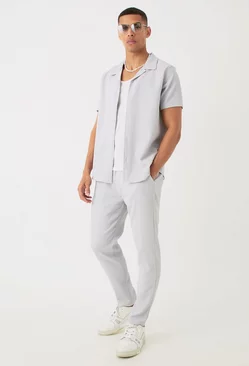Seersucker Revere Collar Shirt & Trouser Set Grey