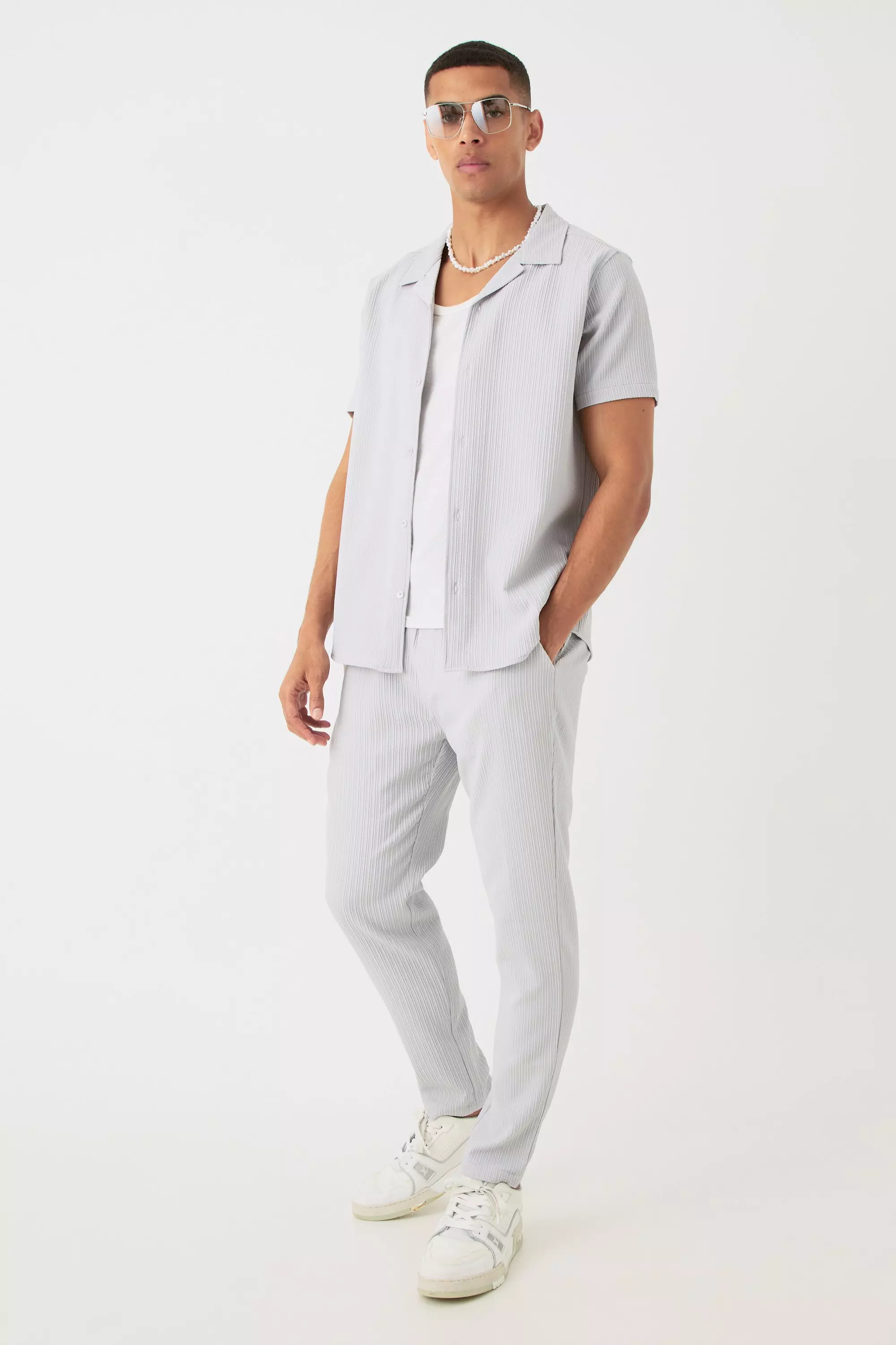 Seersucker Revere Collar Shirt & Trouser Set Grey