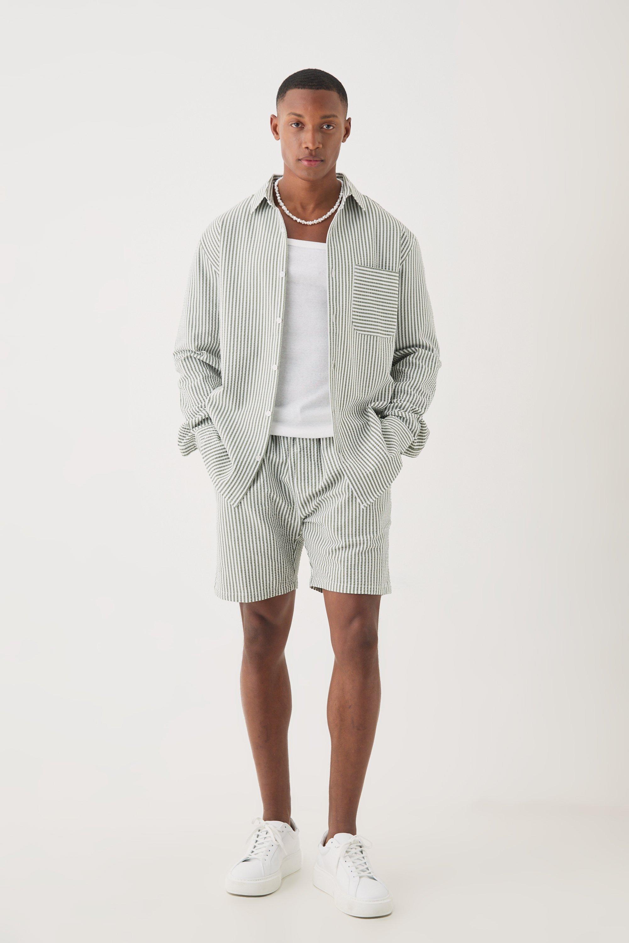 【BAON】[unisex] Telsha Stripe Seersucker Over S/S SH Seersucker Shores Striped Cover-Up Shirt
