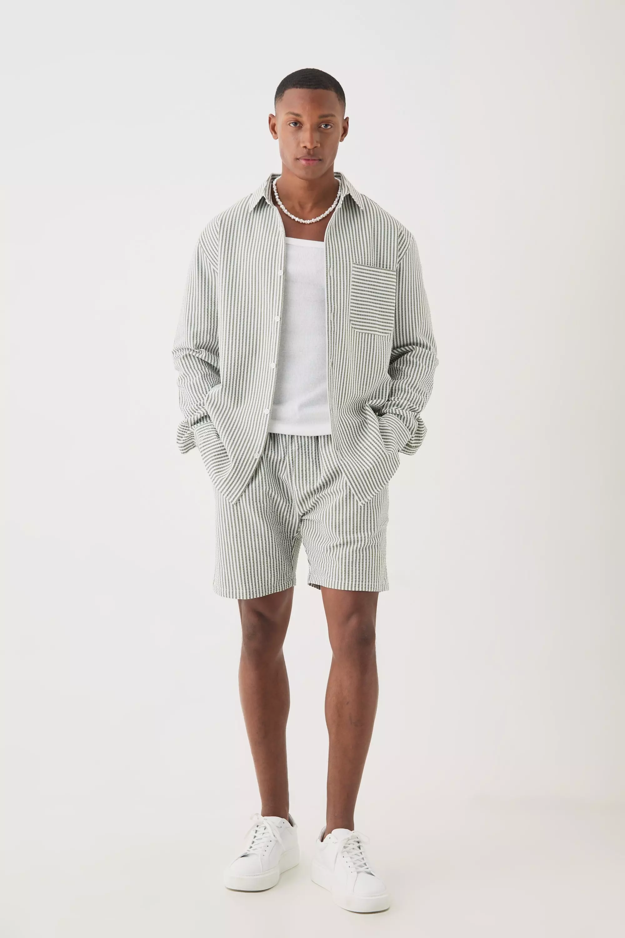 【BAON】[unisex] Telsha Stripe Seersucker Over S/S SH BAON】[unisex] Telsha Stripe Seersucker Over S/S SH