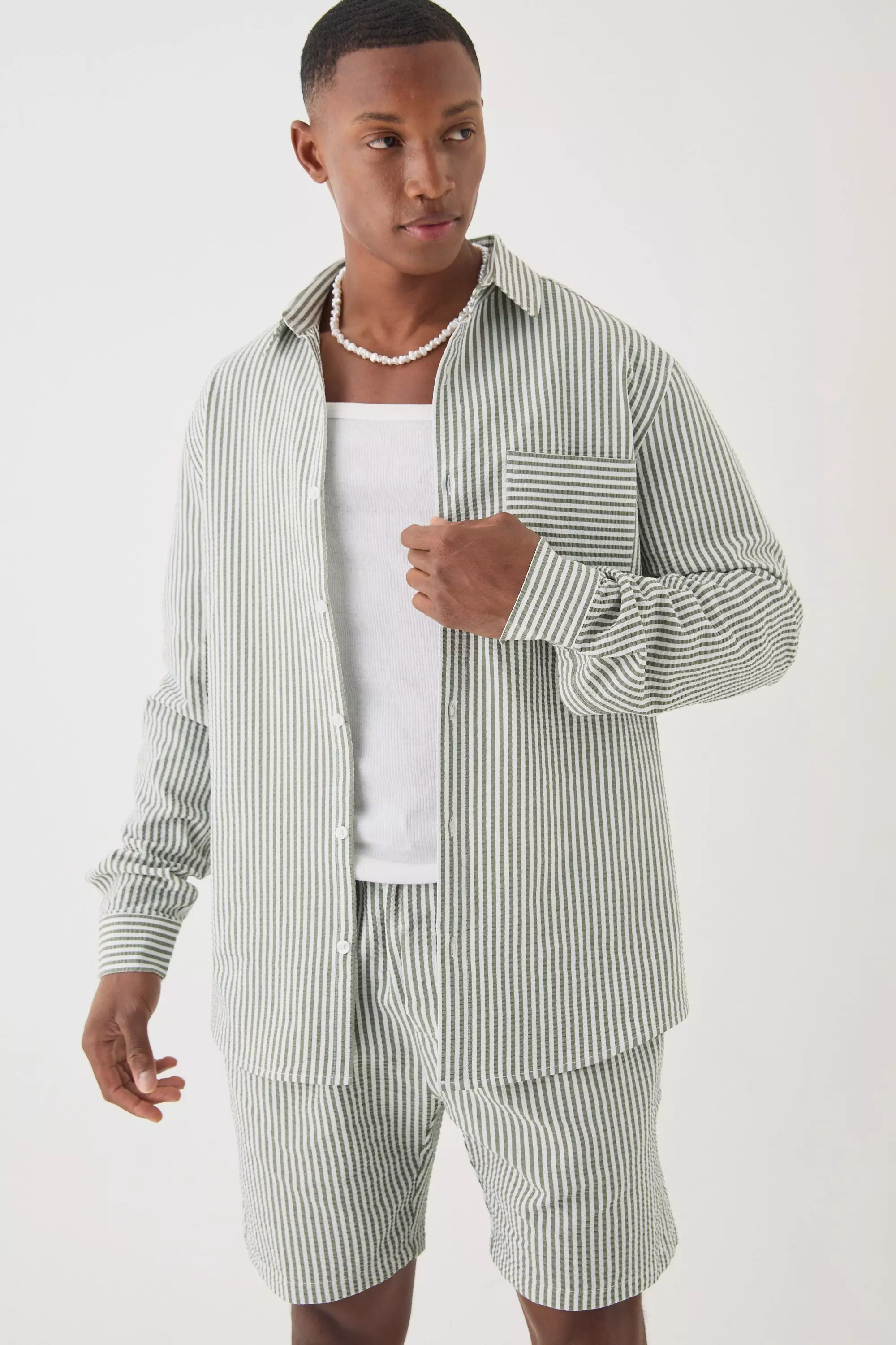 【BAON】[unisex] Telsha Stripe Seersucker Over S/S SH BAON】[unisex] Telsha Stripe Seersucker Over S/S SH