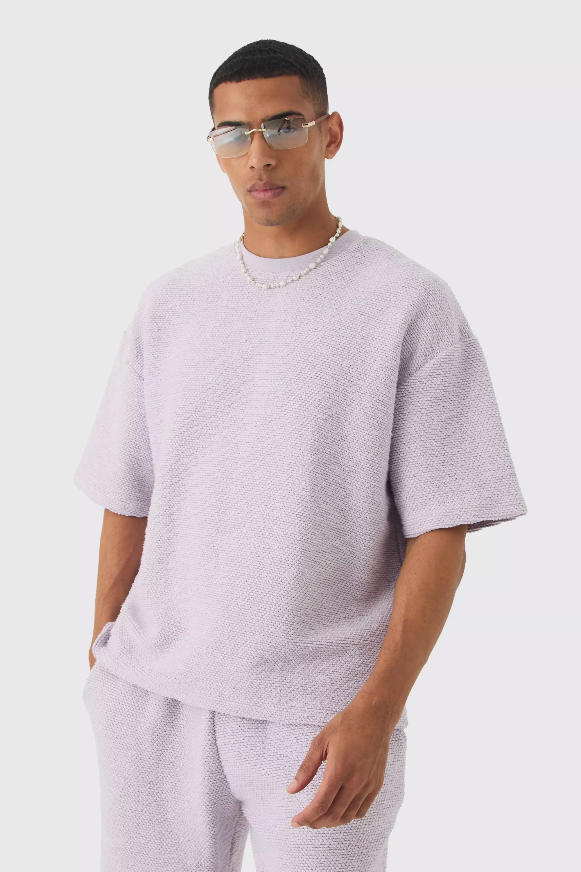 Oversized Boxy Heavy Boucle Short Sleeve Sweatshirt lilac haze