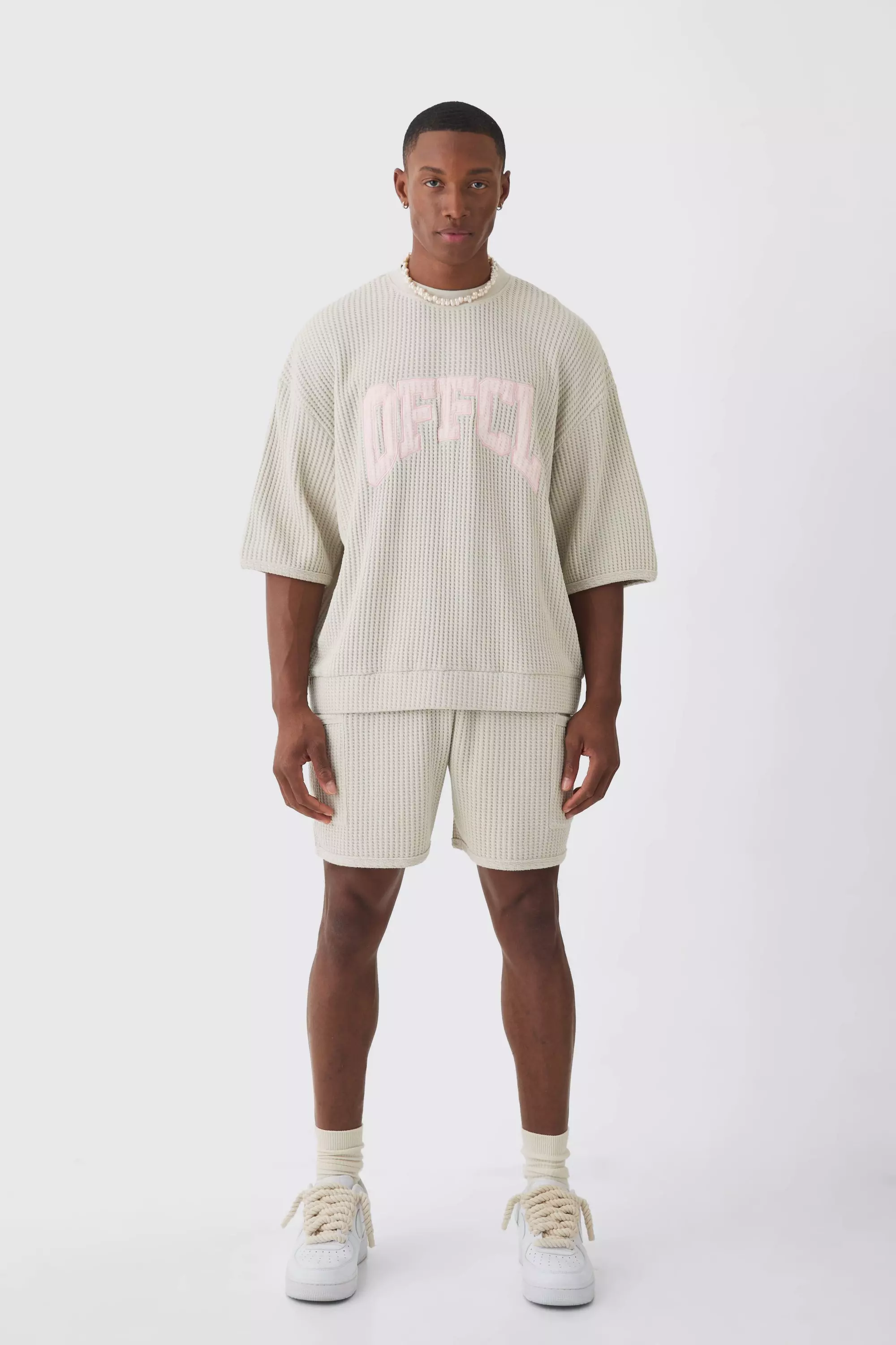 Oversized Boxy Heavyweight Jumbo Waffle Sweat & Short Set Light grey