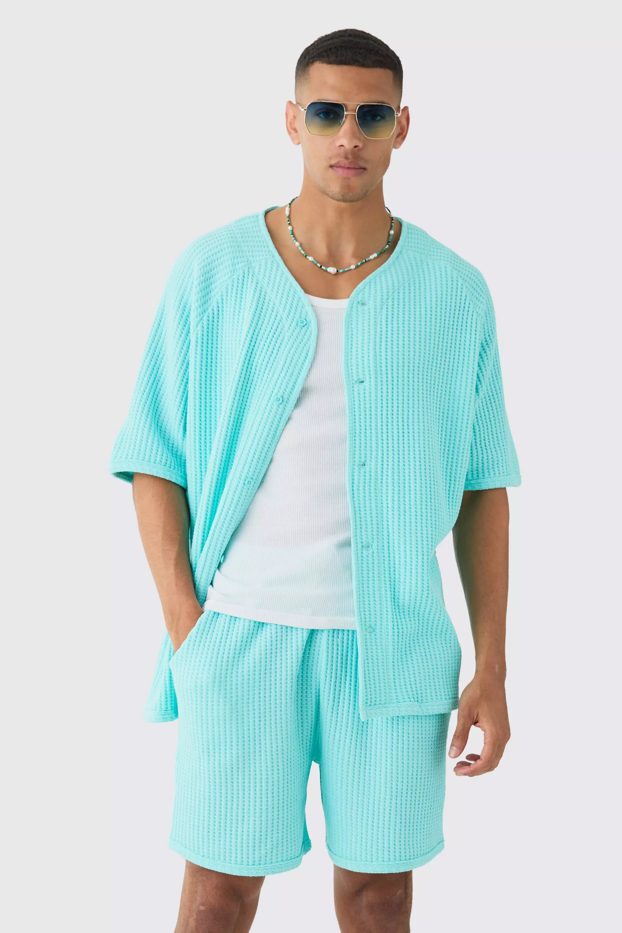 Heavy Jumbo Waffle Baseball Shirt & Short Set Aqua