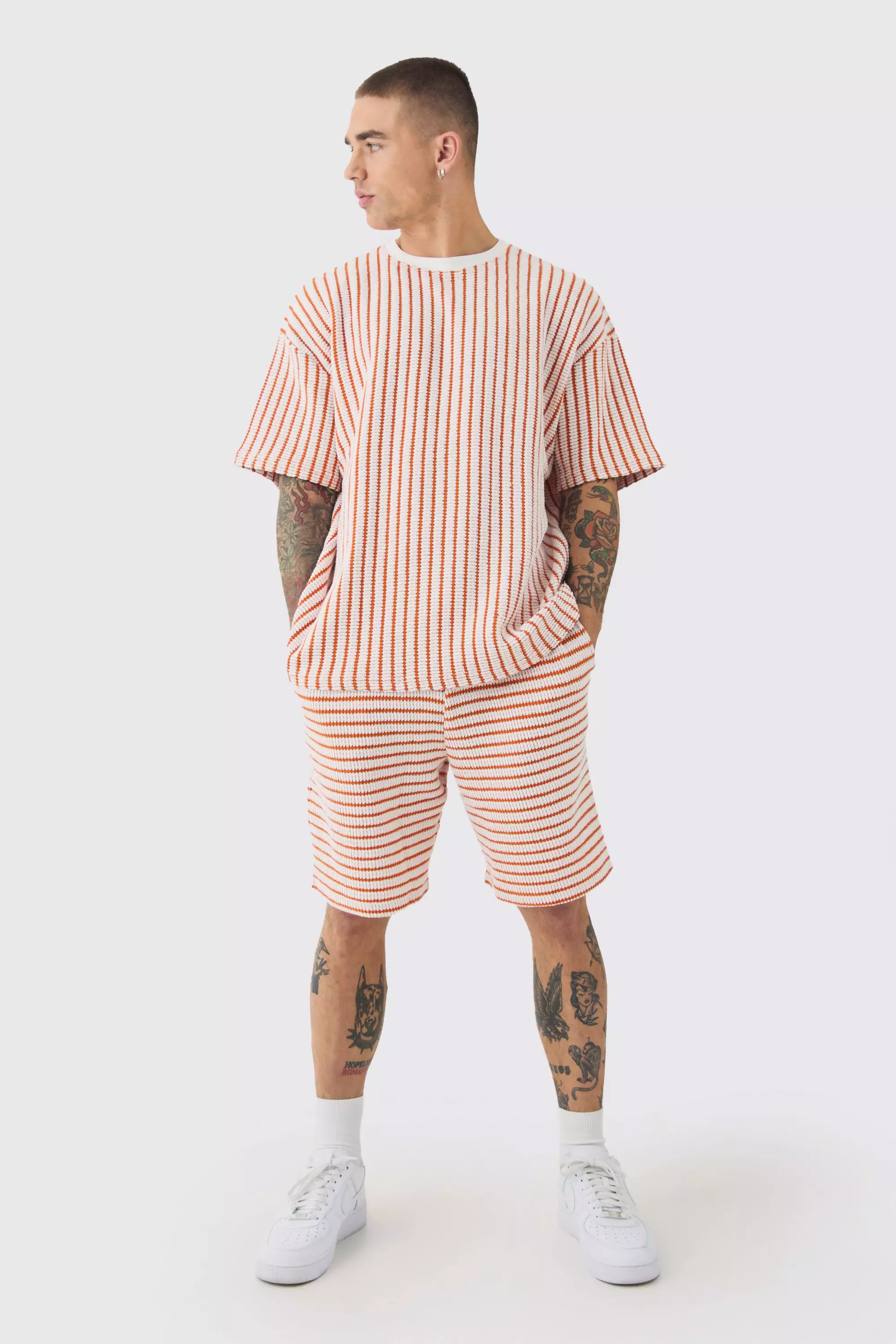 Ecru White Oversized Striped Textured T-shirt & Short Set