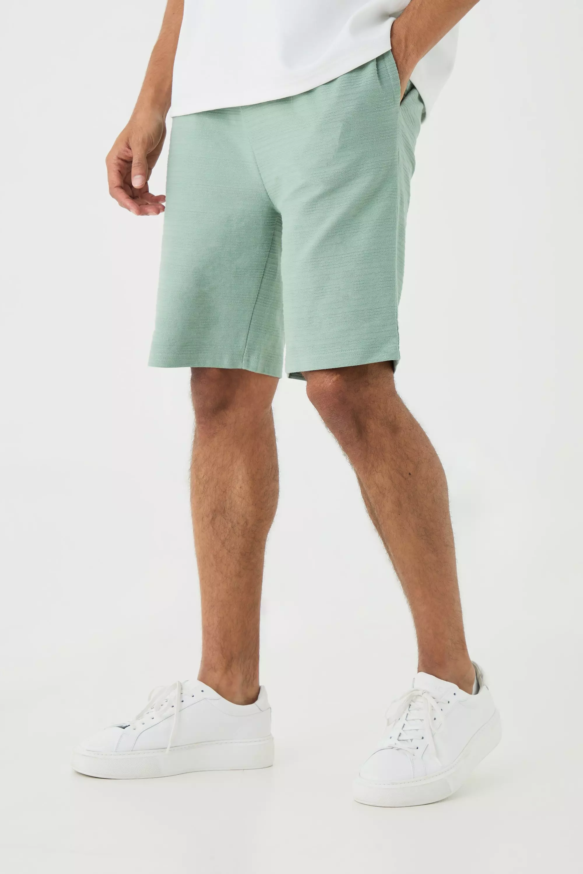 Olive Green Slim Fit Mid Length Jacquard Stripe Short