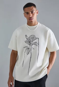 Oversized Floral Line Drawing Scuba T-shirt Ecru
