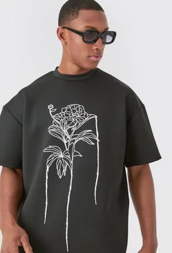 Oversized Floral Line Drawing Scuba T-shirt Black