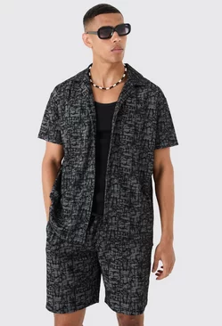 Black Oversized Revere Denim Jacquard Shirt & Short Set