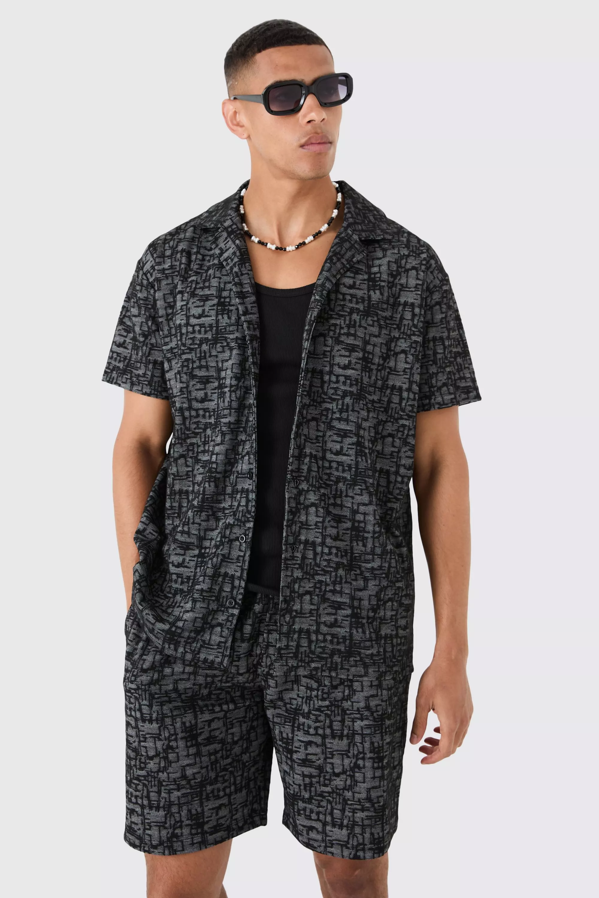 Oversized Revere Denim Jacquard Shirt & Short Set Black