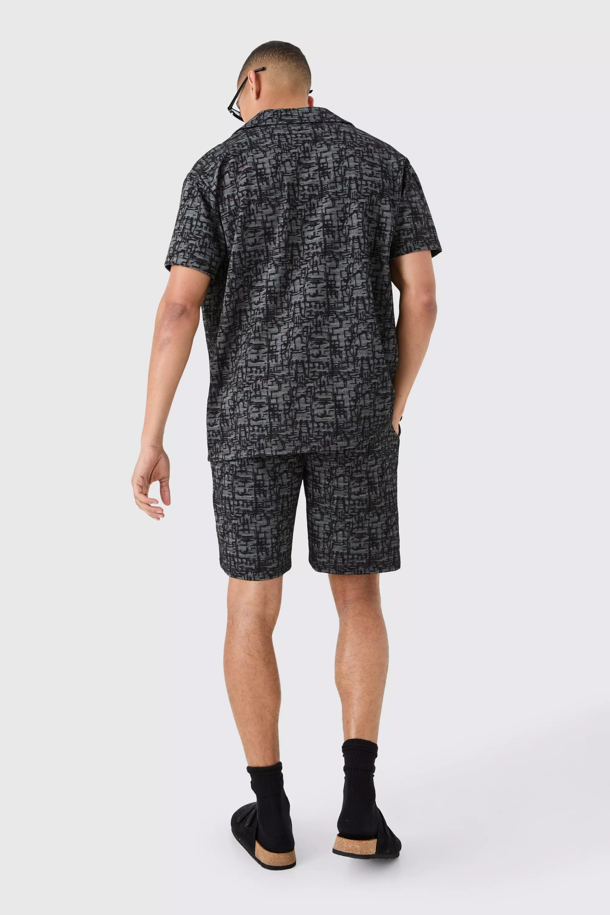 Black Oversized Revere Jacquard Shirt & Short Set alternative image
