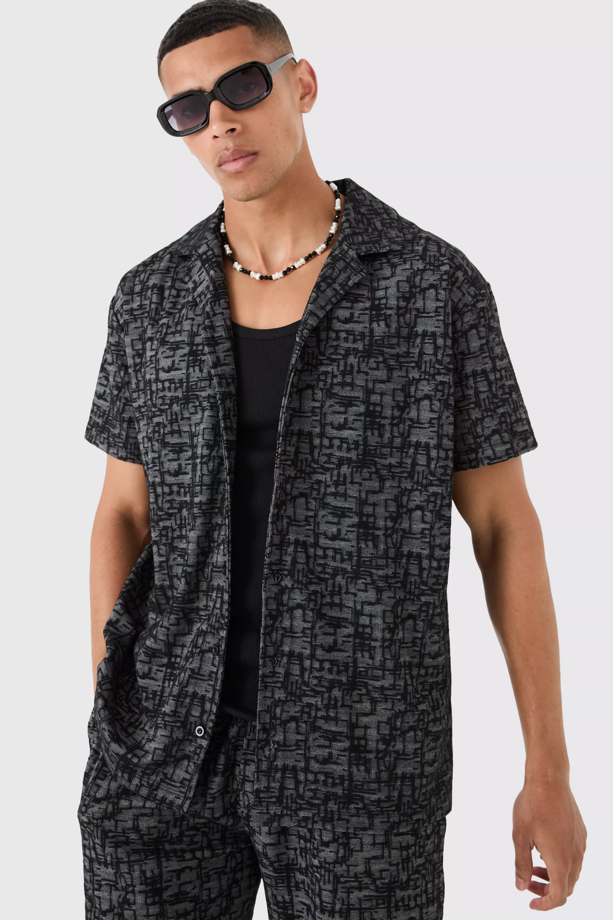 Black Oversized Revere Jacquard Shirt & Short Set alternative image