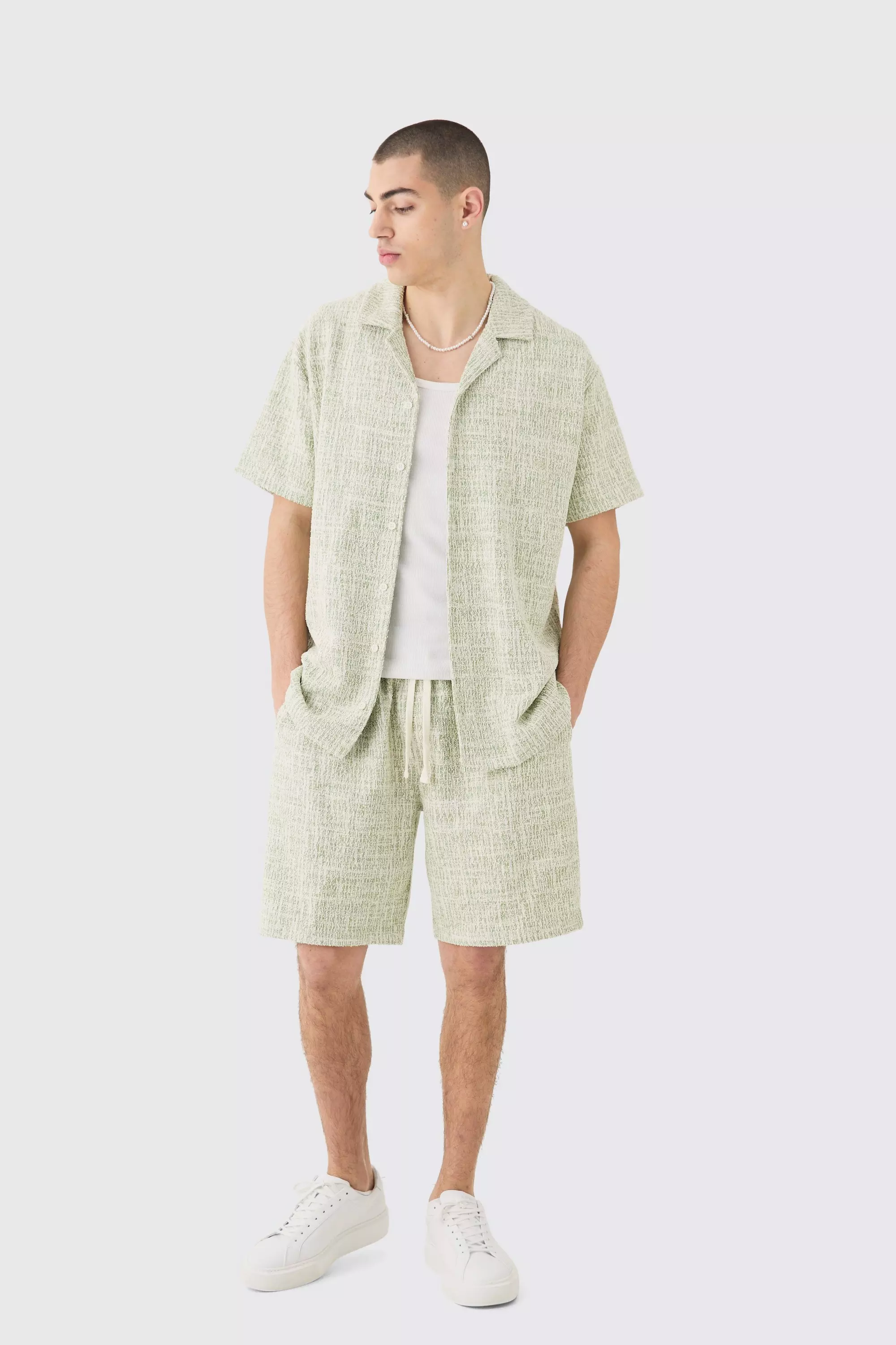 Oversized Revere Boucle Shirt & Short Set Green