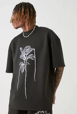Tall Oversized Floral Line Drawing Scuba T-shirt Black