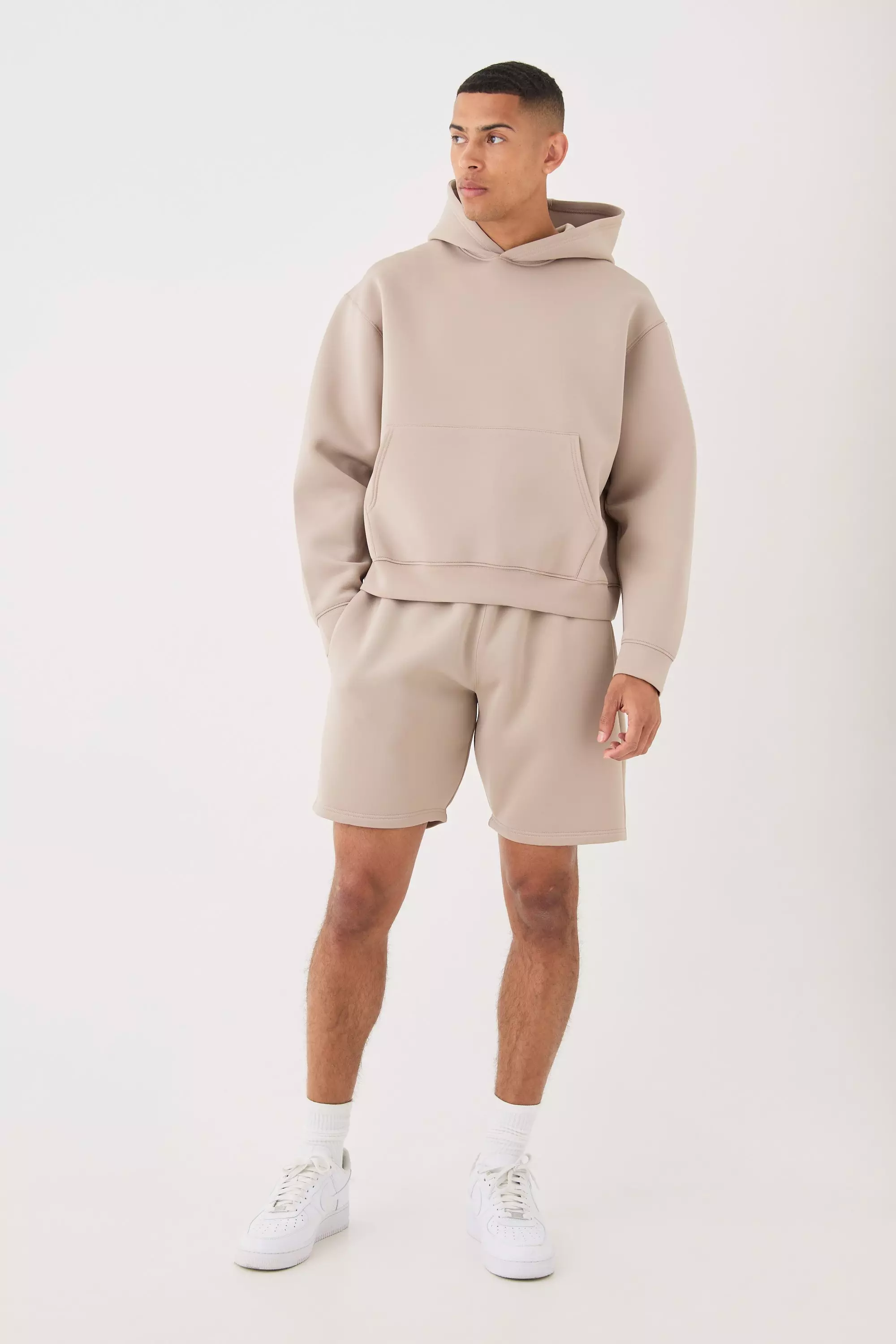 Oversized Boxy Bonded Scuba Hooded Short Tracksuit Taupe