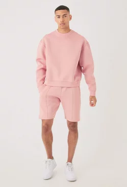 Pink Oversized Boxy Bonded Scuba Sweater Short Tracksuit