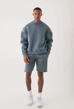 Oversized Boxy Bonded Scuba Sweater Short Tracksuit slate blue