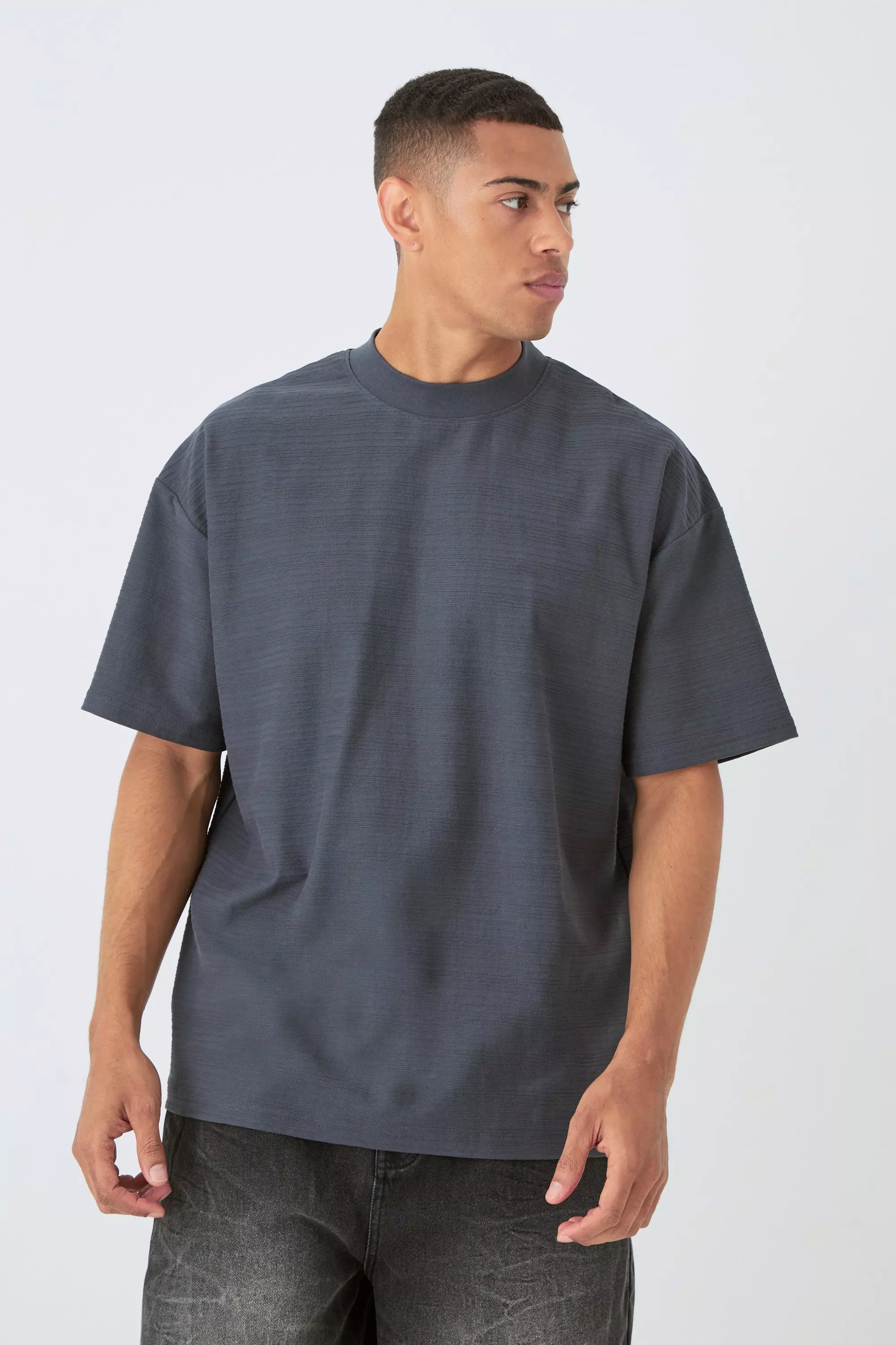 Oversized Jacquard Raised Striped Extended Neck T-shirt Charcoal