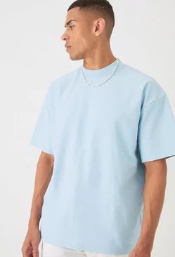 Dusty-blue Blue Oversized Jacquard Raised Striped Extended Neck T-shirt