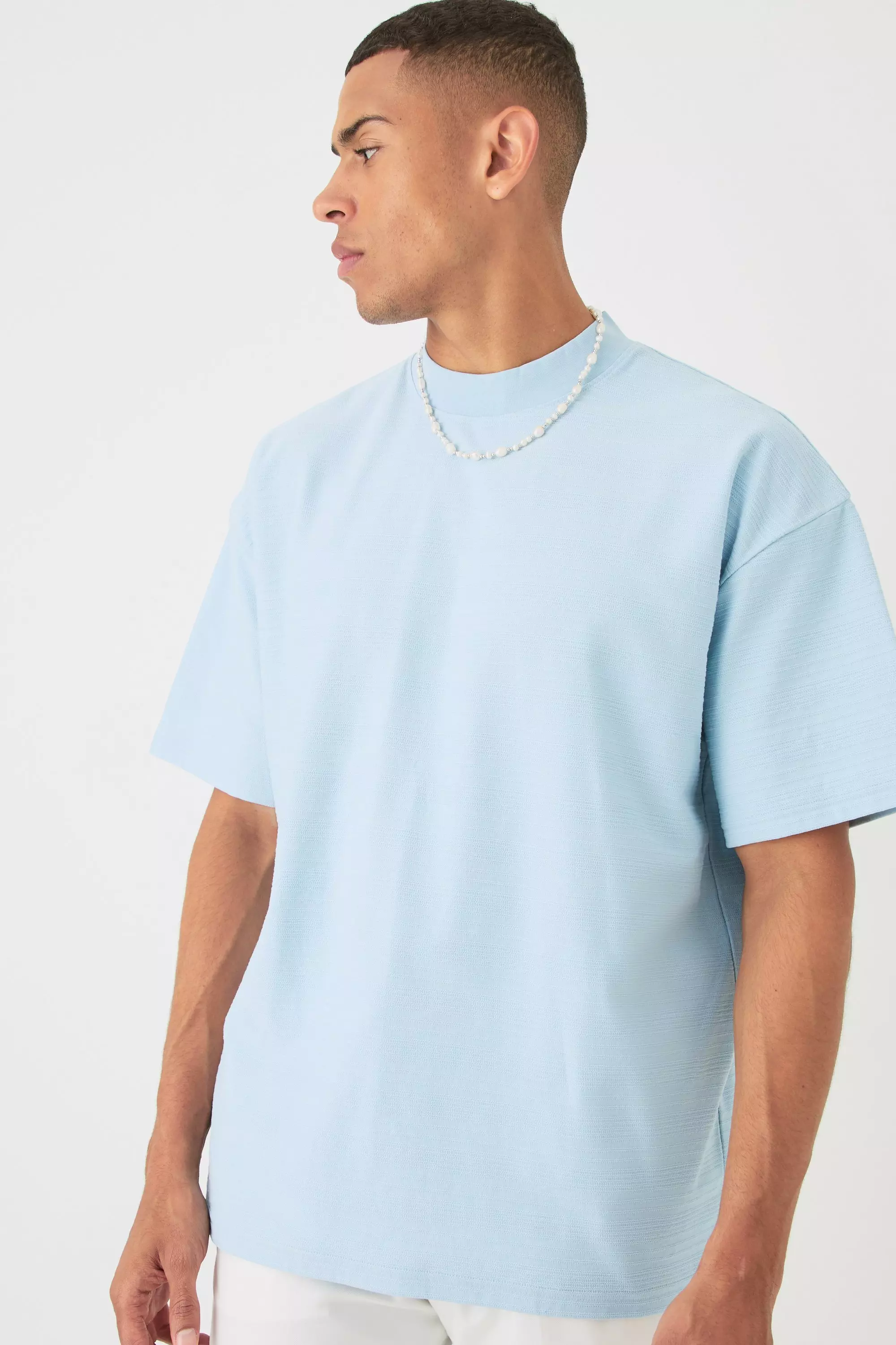 Blue Oversized Jacquard Raised Striped Extended Neck T-shirt