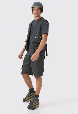 Charcoal Grey Nylon Utility Vest & Short Set