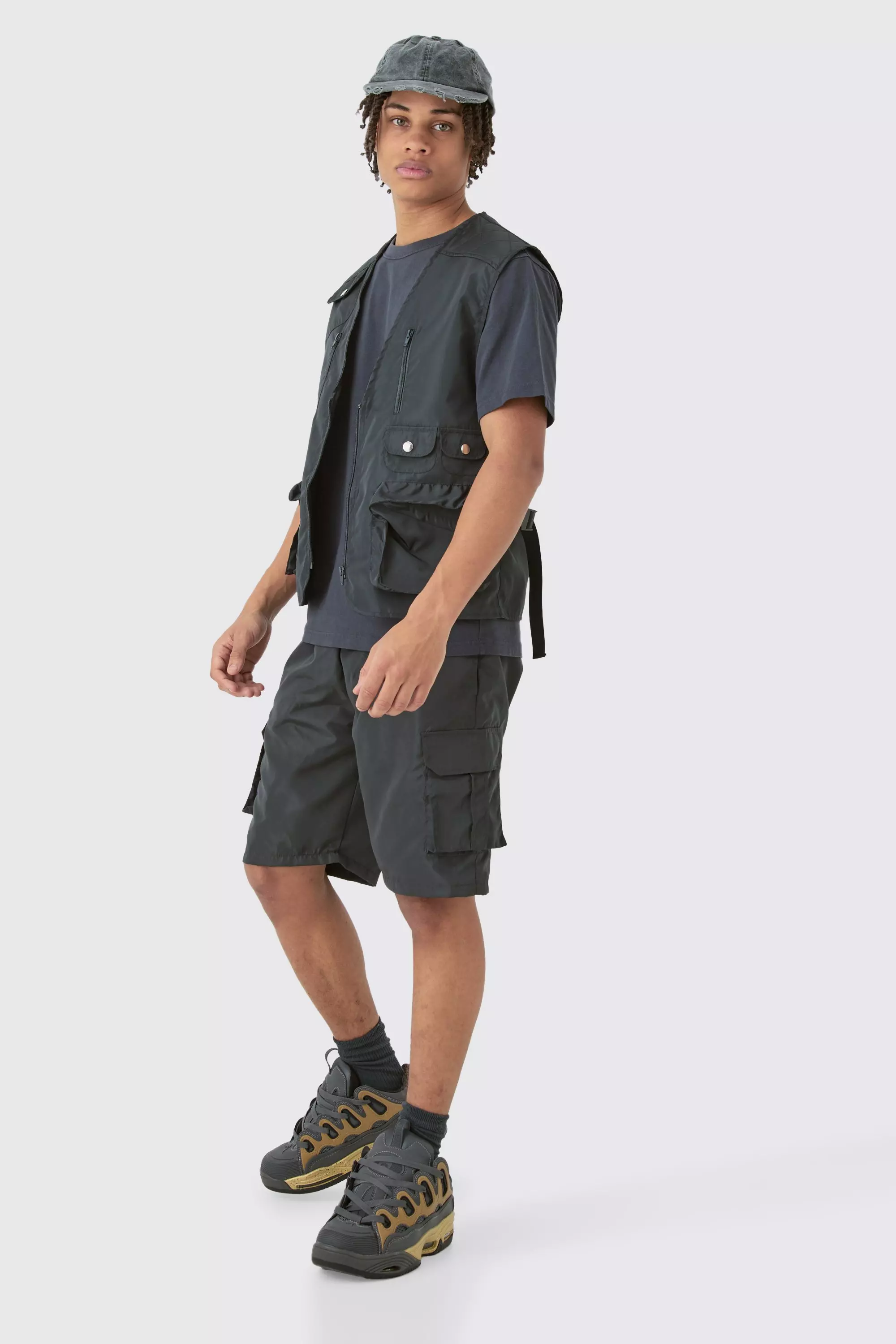Charcoal Grey Nylon Utility Vest & Short Set