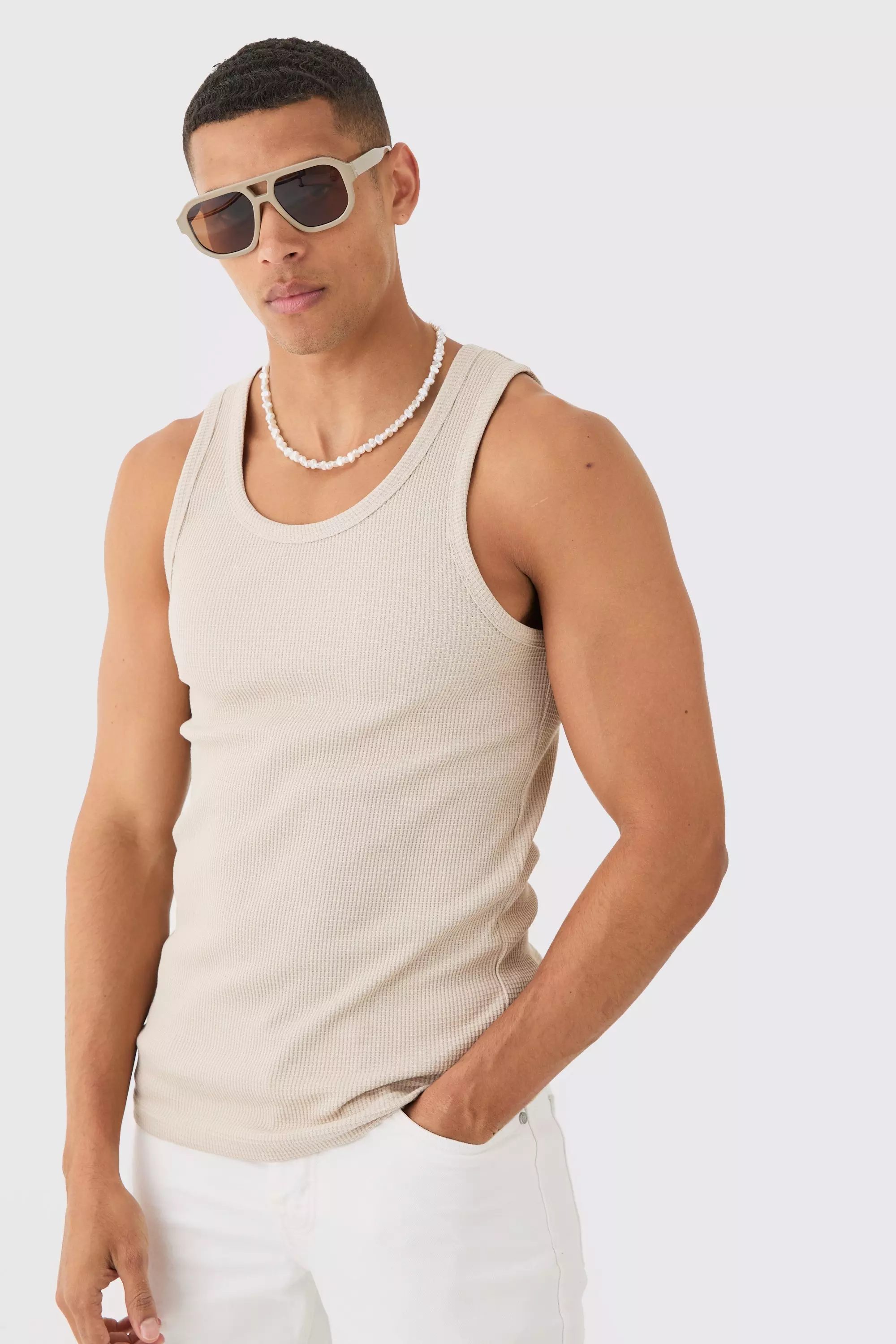 Slim Waffle Vest Stone