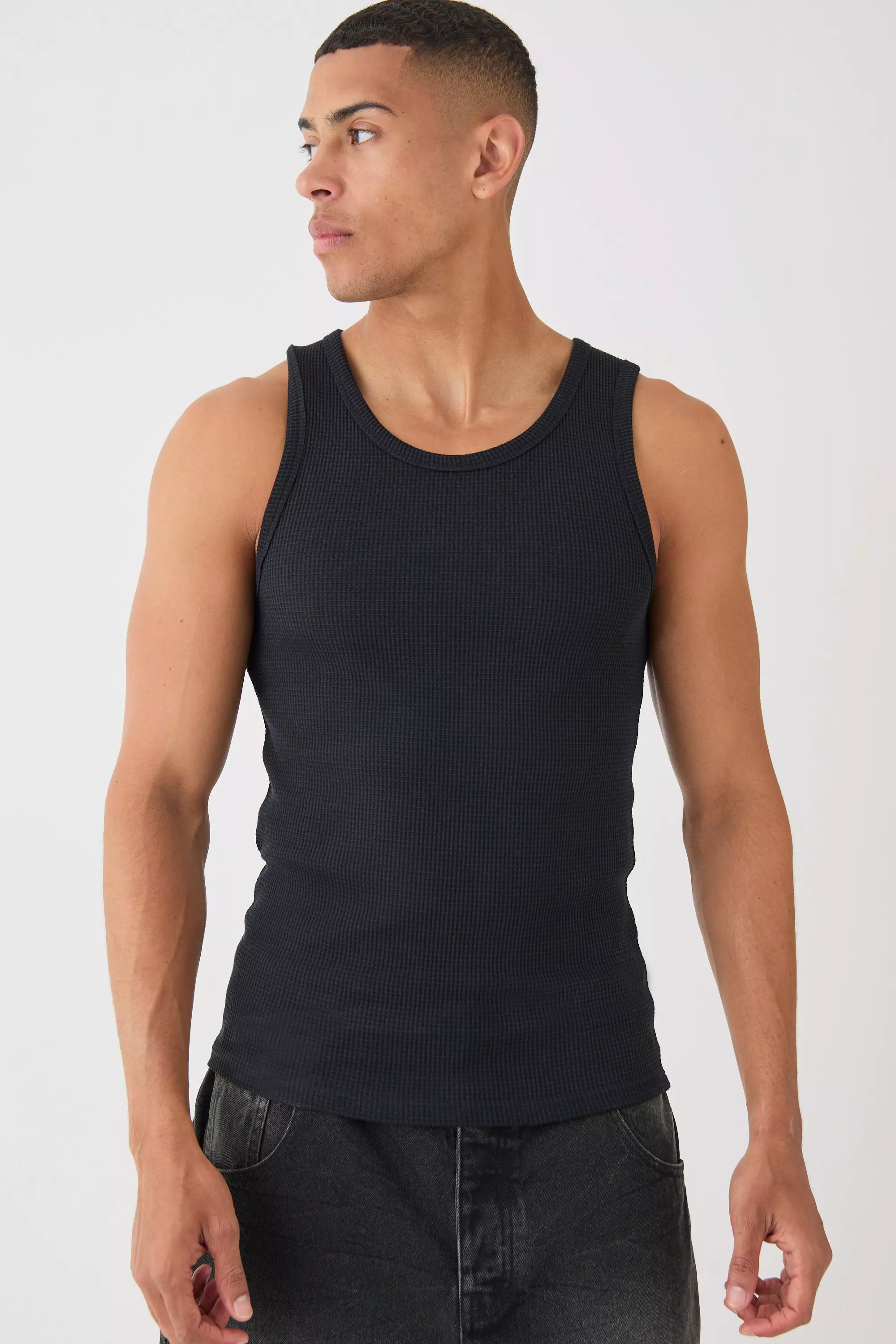 Slim Waffle Vest Black