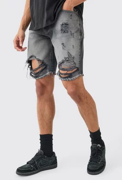 Relaxed Rigid Long Length Ripped Denim Shorts In Washed Black Washed black